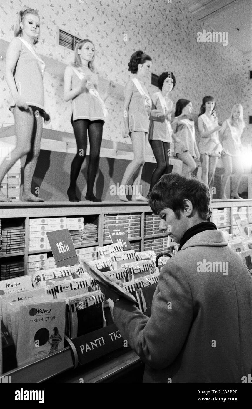 London stores are holding a shopping festival, the 'Britain is Great' exhibition. In Selfridges there was a 'charge of the tight' brigade' where seven lovely ladies with lovely legs appeared representing famous hosiery manufacturers. 23rd May 1968. Stock Photo