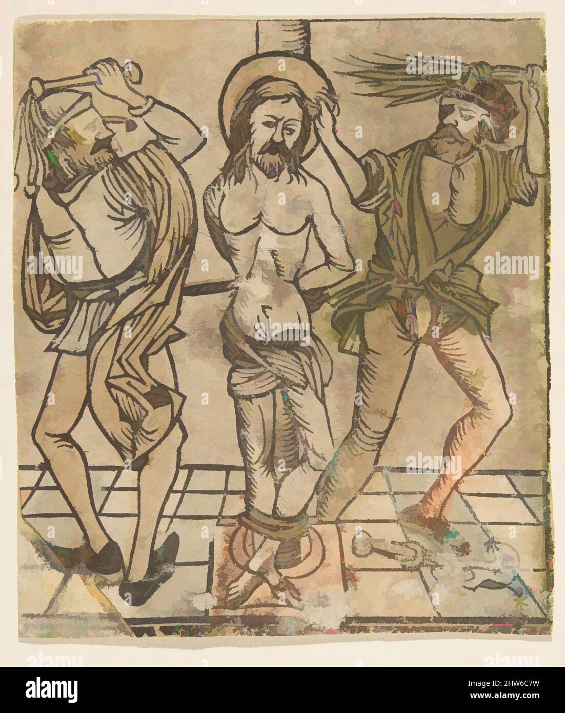 Art inspired by The Flagellation, 15th century, Woodcut, hand-colored, sheet: 4 1/4 x 3 11/16 in. (10.8 x 9.4 cm), Prints, Anonymous, German, 15th century, Classic works modernized by Artotop with a splash of modernity. Shapes, color and value, eye-catching visual impact on art. Emotions through freedom of artworks in a contemporary way. A timeless message pursuing a wildly creative new direction. Artists turning to the digital medium and creating the Artotop NFT Stock Photo