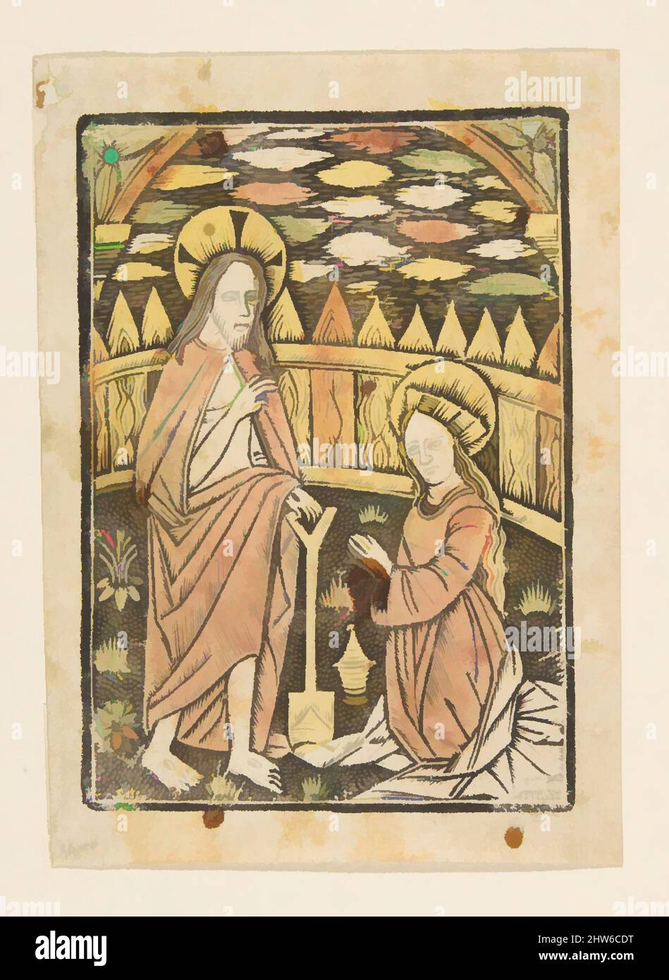 Art inspired by Christ Appearing to St. Mary Magdalen (Schr. 2388), 15th century, Metalcut, hand-colored, sheet: 4 5/8 x 3 5/16 in. (11.8 x 8.4 cm), Prints, Anonymous, German, 15th century, Classic works modernized by Artotop with a splash of modernity. Shapes, color and value, eye-catching visual impact on art. Emotions through freedom of artworks in a contemporary way. A timeless message pursuing a wildly creative new direction. Artists turning to the digital medium and creating the Artotop NFT Stock Photo