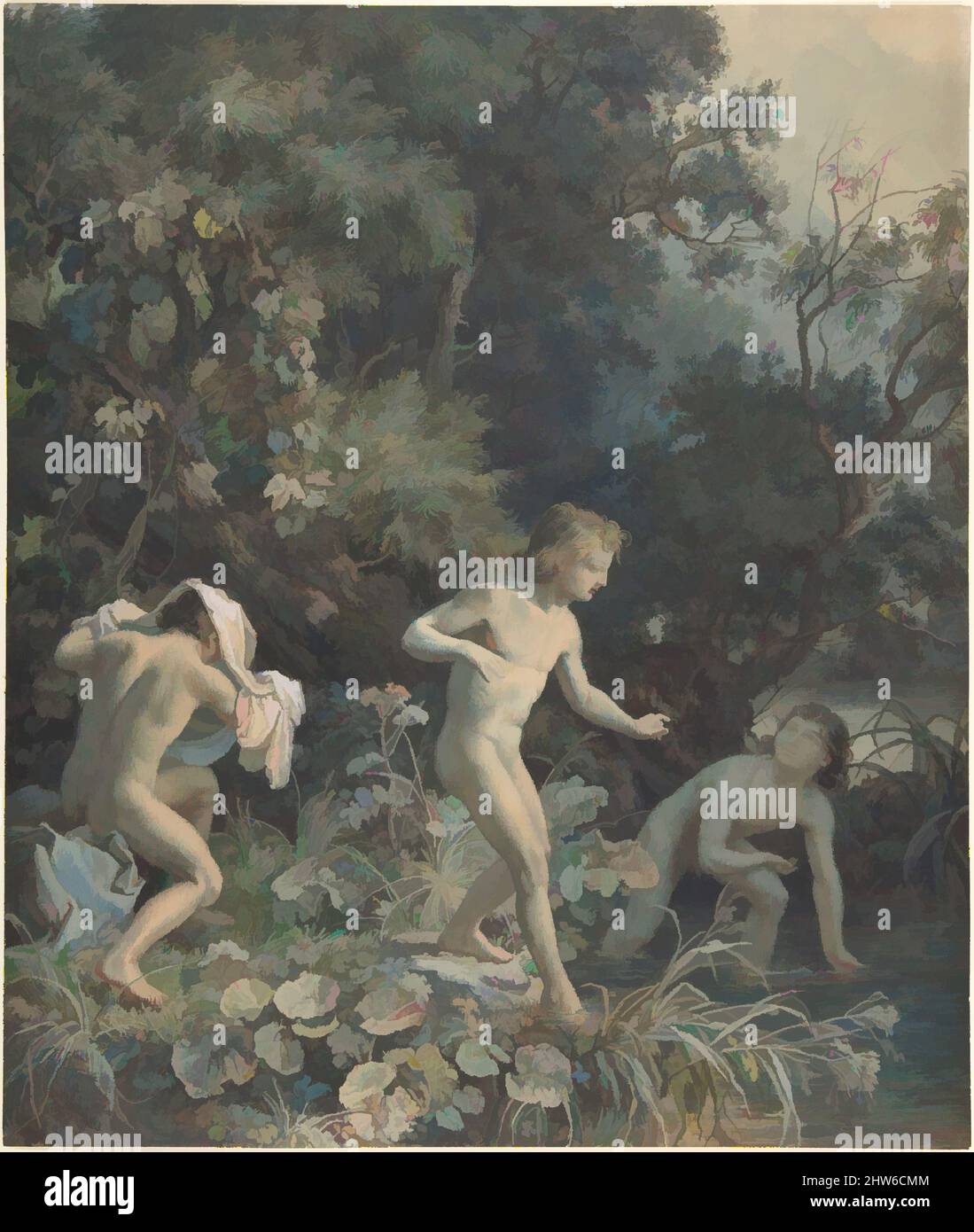 Art inspired by Riverside with Three Bathing Boys, 19th century, Watercolor and bodycolor, sheet: 13 7/16 x 11 7/16 in. (34.2 x 29 cm), Drawings, Christian Friedrich Gille (German, Ballenstedt 1805–1899 Dresden, Classic works modernized by Artotop with a splash of modernity. Shapes, color and value, eye-catching visual impact on art. Emotions through freedom of artworks in a contemporary way. A timeless message pursuing a wildly creative new direction. Artists turning to the digital medium and creating the Artotop NFT Stock Photo