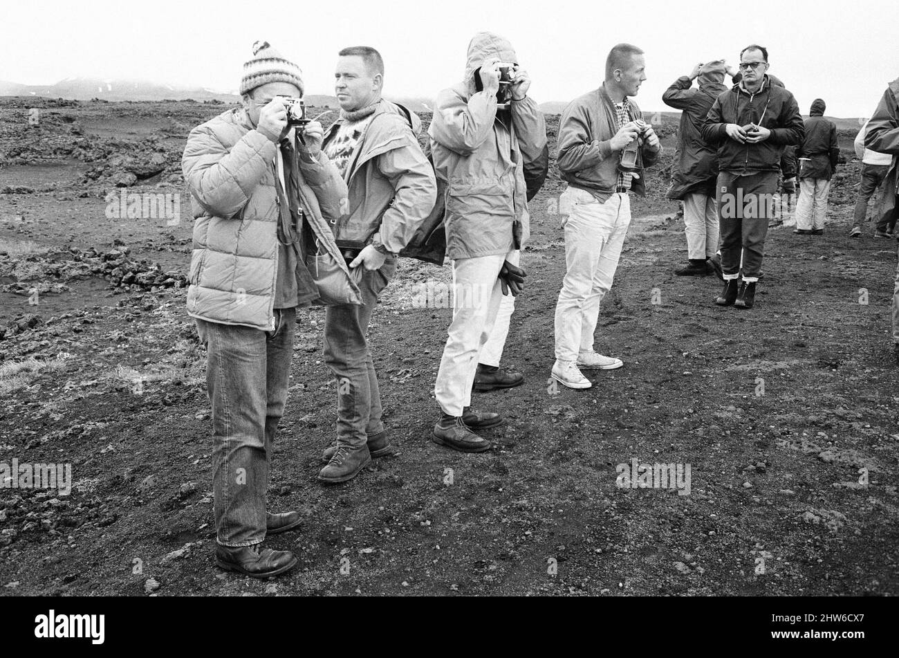 21 NASA Astronauts have just spend a week in Iceland, making a study of the Geology of the Island, which is the nearest one can get to moonscape conditions on Earth, Sunday 9th  July 1967. Two of these twenty-one are likely to be the first earthmen to walk on the surface of the moon, which will climax America's £7,000 million Apollo programme. Stock Photo