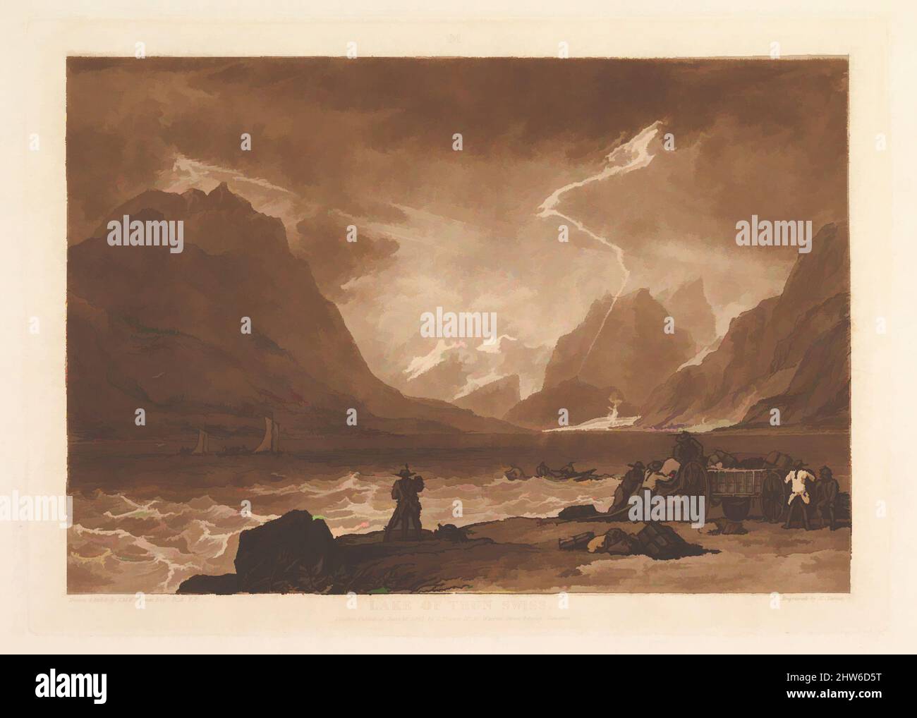 Art inspired by Lake of Thun, Swiss (Liber Studiorum, part III, plate 15), June 10, 1808, Etching, drypoint and mezzotint; third state of three, plate: 7 3/16 x 10 1/2 in. (18.3 x 26.7 cm), Prints, Designed and etched by Joseph Mallord William Turner (British, London 1775–1851 London, Classic works modernized by Artotop with a splash of modernity. Shapes, color and value, eye-catching visual impact on art. Emotions through freedom of artworks in a contemporary way. A timeless message pursuing a wildly creative new direction. Artists turning to the digital medium and creating the Artotop NFT Stock Photo