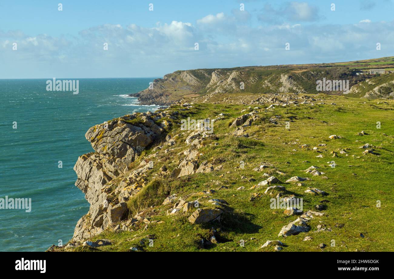 Cliffs west of Port Eynon on the Gower Coast in South Wales on a sunny February Day Stock Photo