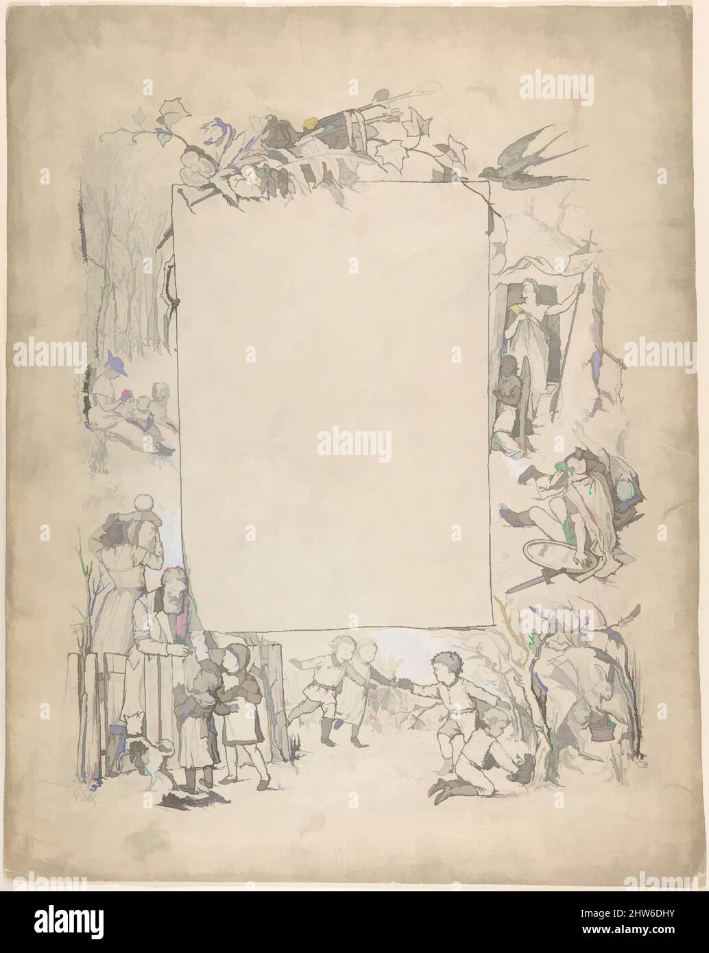 Art inspired by Cartouche framed with scenes of Christ leaving tomb and Easter Bunny, 19th century, Pen and black ink, corrected with white, sheet: 16 9/16 x 13 1/4 in. (42.1 x 33.6 cm), Drawings, Attributed to Anonymous, German, 19th century, Classic works modernized by Artotop with a splash of modernity. Shapes, color and value, eye-catching visual impact on art. Emotions through freedom of artworks in a contemporary way. A timeless message pursuing a wildly creative new direction. Artists turning to the digital medium and creating the Artotop NFT Stock Photo