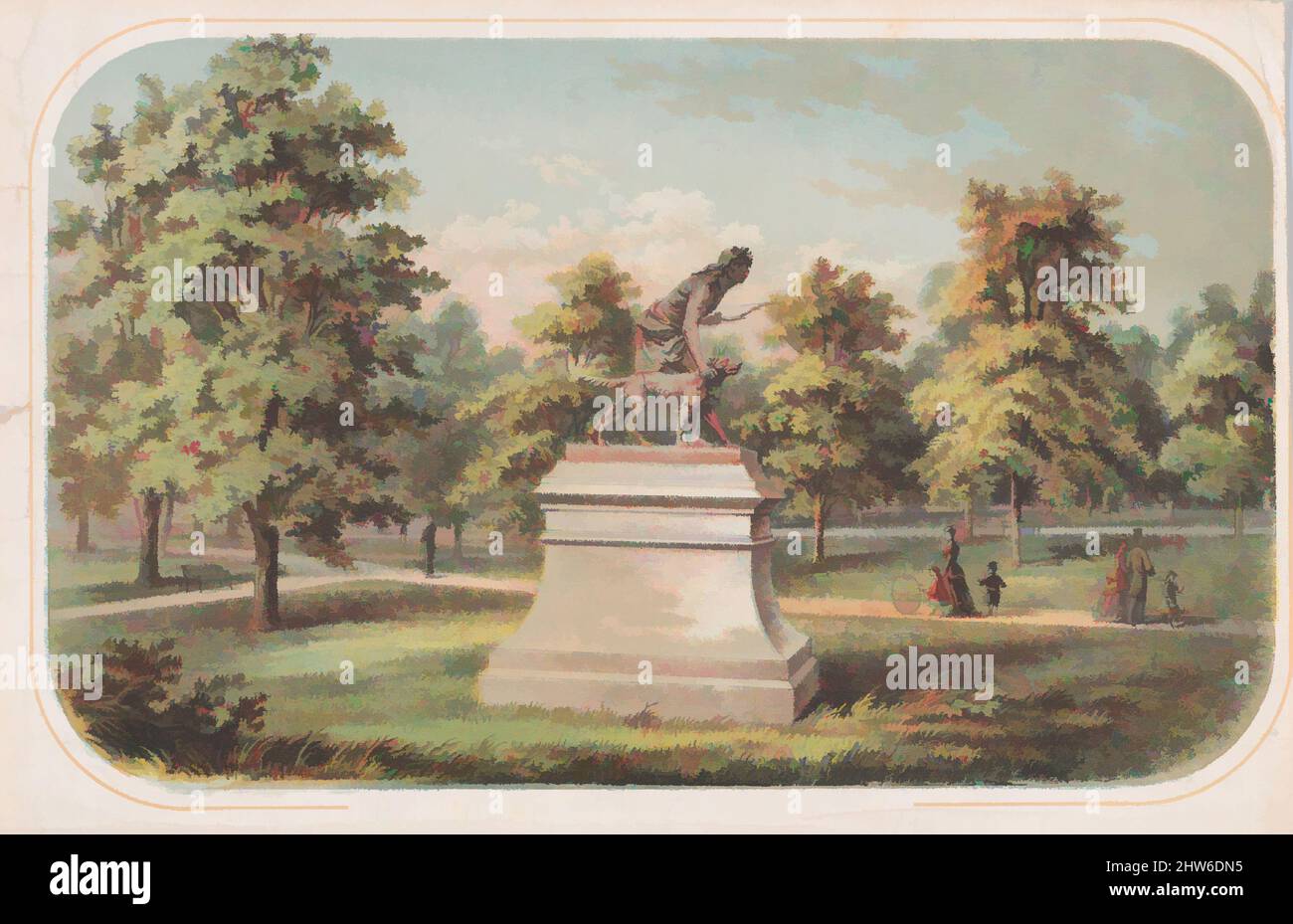 Art inspired by Central Park, Statue of the Indian Hunter, 1869, Hand-colored lithograph, image: 4 13/16 x 8 in. (12.3 x 20.3 cm), Prints, Anonymous, American, 19th century, Sculpted by John Quincy Adams Ward (American, Urbana, Ohio 1830–1910 New York), In 1869, a committee of public, Classic works modernized by Artotop with a splash of modernity. Shapes, color and value, eye-catching visual impact on art. Emotions through freedom of artworks in a contemporary way. A timeless message pursuing a wildly creative new direction. Artists turning to the digital medium and creating the Artotop NFT Stock Photo