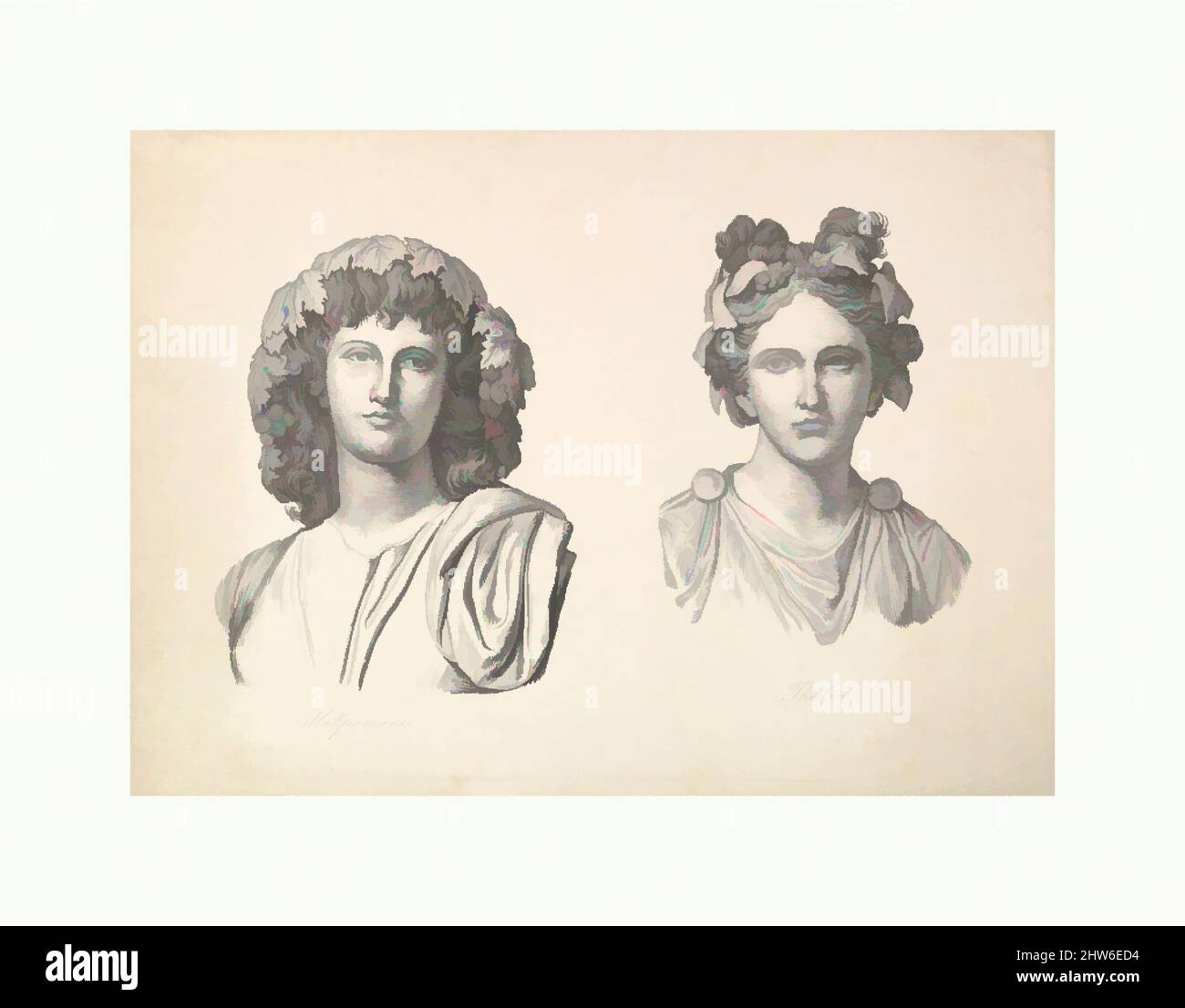 Art inspired by Melpomene and Thalia, 1823–26, Lithograph, sheet: 13 5/8 x 19 5/16 in. (34.6 x 49.1 cm), Prints, Johann Gottfried Schadow (German, Berlin 1764–1850 Berlin, Classic works modernized by Artotop with a splash of modernity. Shapes, color and value, eye-catching visual impact on art. Emotions through freedom of artworks in a contemporary way. A timeless message pursuing a wildly creative new direction. Artists turning to the digital medium and creating the Artotop NFT Stock Photo