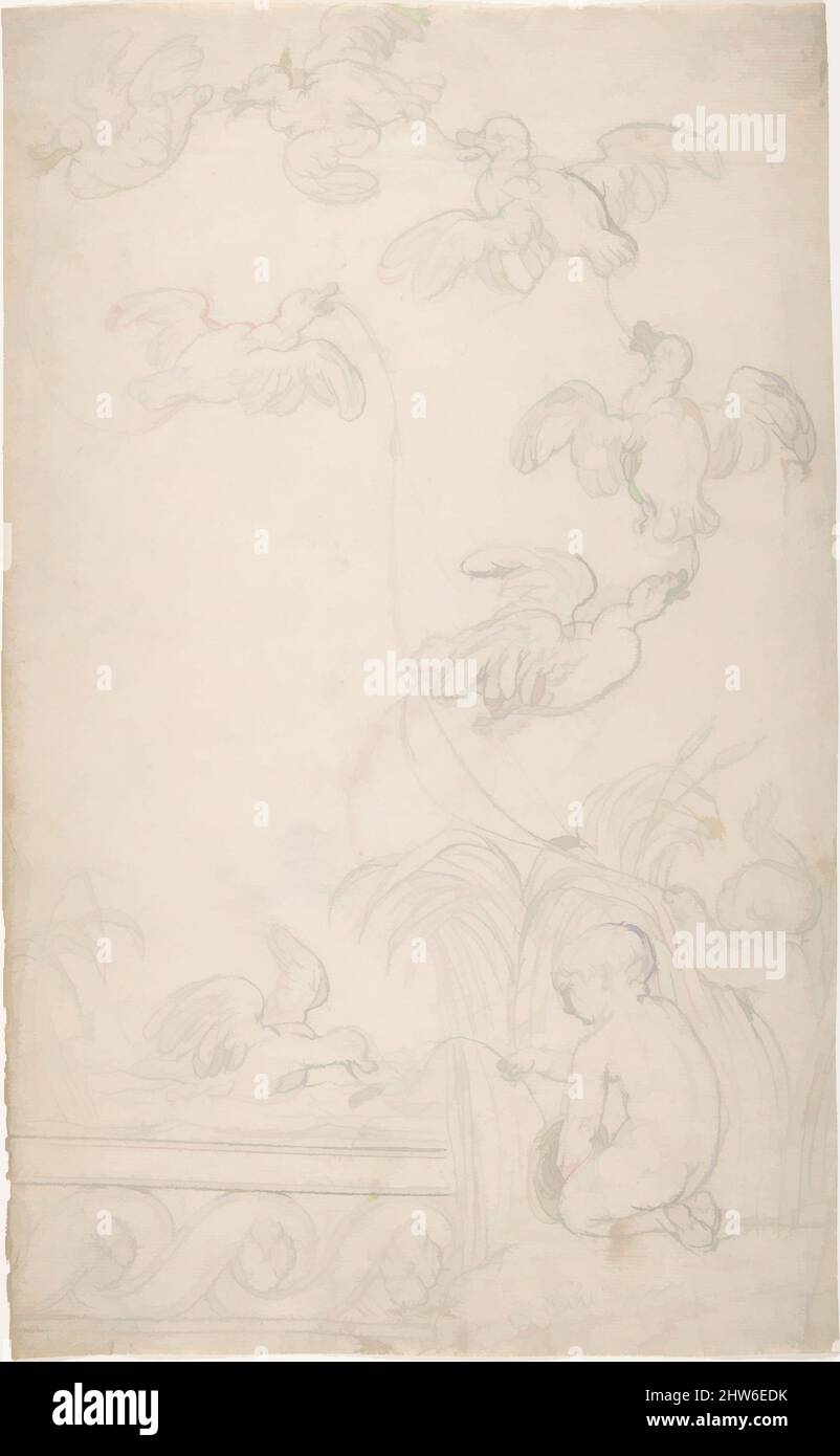 Art inspired by Ornament with Children Catching Ducks on Baited Strings, ca. 1780–1820, Graphite, sheet: 12 13/16 x 8 in. (32.5 x 20.3 cm), Drawings, Anonymous, German, 19th century, Classic works modernized by Artotop with a splash of modernity. Shapes, color and value, eye-catching visual impact on art. Emotions through freedom of artworks in a contemporary way. A timeless message pursuing a wildly creative new direction. Artists turning to the digital medium and creating the Artotop NFT Stock Photo