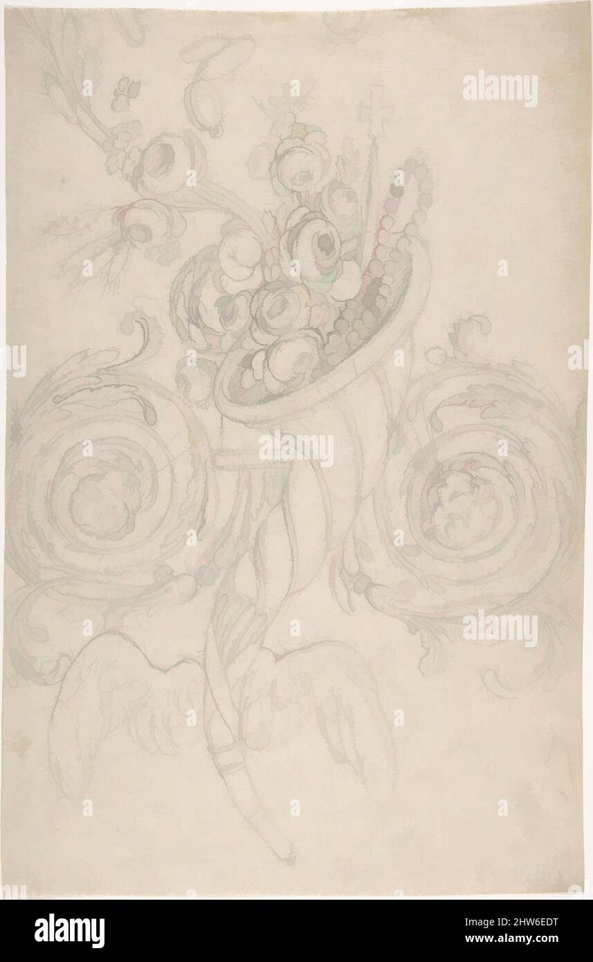 Art inspired by Cornucopia Held Aloft by Angels, Ornament with Cross and Rosary, ca. 1780–1820, Graphite, sheet: 12 9/16 x 8 1/4 in. (31.9 x 21 cm), Drawings, Anonymous, German, 19th century, Classic works modernized by Artotop with a splash of modernity. Shapes, color and value, eye-catching visual impact on art. Emotions through freedom of artworks in a contemporary way. A timeless message pursuing a wildly creative new direction. Artists turning to the digital medium and creating the Artotop NFT Stock Photo