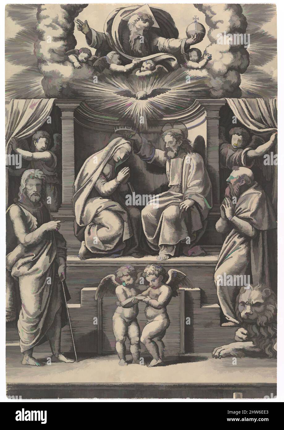 Art inspired by The Coronation of the Virgin, at lower left stands St John the Baptist, at lower right St Jerome, God the father above, 1530–60, Engraving, sheet: 13 13/16 x 9 1/2 in. (35.1 x 24.2 cm), Prints, Master of the Die (Italian, active Rome, ca. 1530–60, Classic works modernized by Artotop with a splash of modernity. Shapes, color and value, eye-catching visual impact on art. Emotions through freedom of artworks in a contemporary way. A timeless message pursuing a wildly creative new direction. Artists turning to the digital medium and creating the Artotop NFT Stock Photo