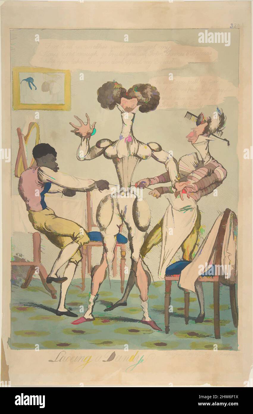 Art inspired by Laceing sic a Dandy, January 26, 1819, Hand-colored etching, image: 13 3/16 x 8 3/8 in. (33.5 x 21.3 cm), Prints, Anonymous, British, 19th century, Dandies needed help to achieve the silhouette that contemporary fashion demanded around 1820. A wasp waist was created by, Classic works modernized by Artotop with a splash of modernity. Shapes, color and value, eye-catching visual impact on art. Emotions through freedom of artworks in a contemporary way. A timeless message pursuing a wildly creative new direction. Artists turning to the digital medium and creating the Artotop NFT Stock Photo