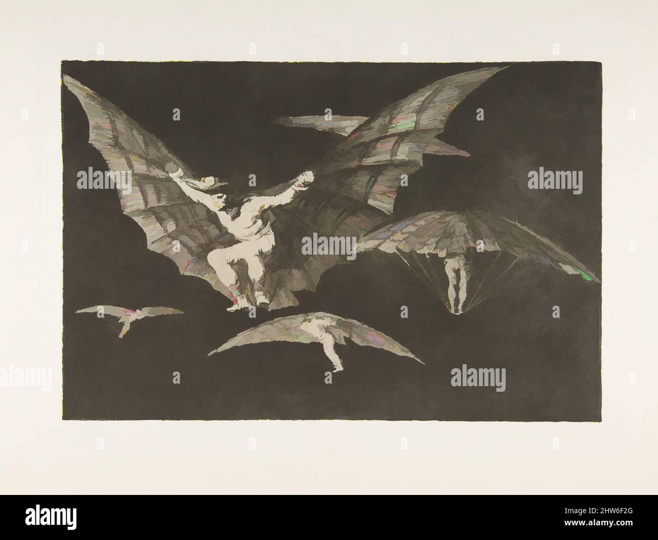 Art inspired by Plate 13 from the 'Disparates': A Way of Flying, ca. 1816–23 (published 1864), Etching, aquatint and drypoint, Plate: 9 5/8 × 13 7/8 in. (24.5 × 35.3 cm), Prints, Goya (Francisco de Goya y Lucientes) (Spanish, Fuendetodos 1746–1828 Bordeaux), From the posthumous first, Classic works modernized by Artotop with a splash of modernity. Shapes, color and value, eye-catching visual impact on art. Emotions through freedom of artworks in a contemporary way. A timeless message pursuing a wildly creative new direction. Artists turning to the digital medium and creating the Artotop NFT Stock Photo
