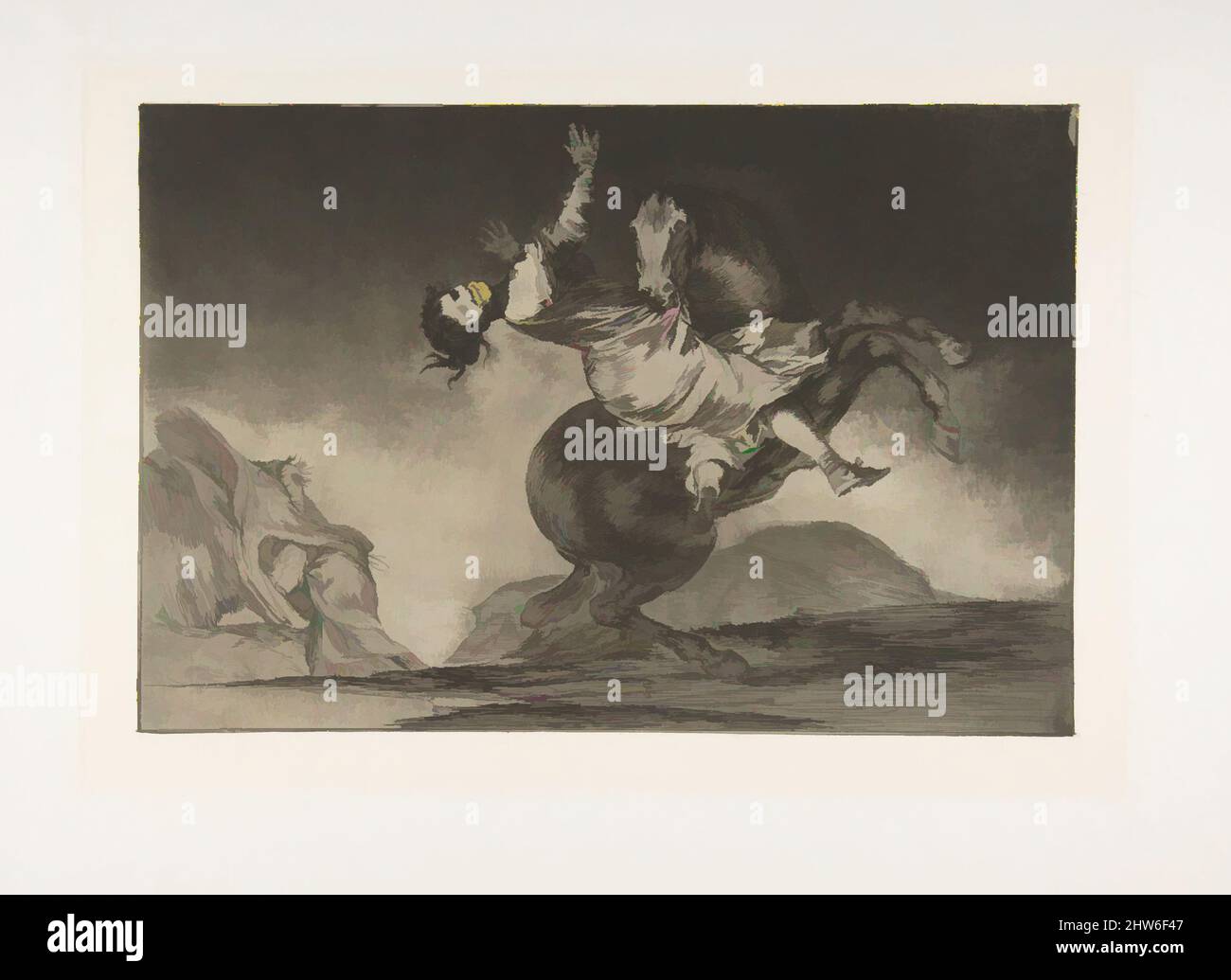 Art inspired by Plate 10 from the 'Disparates': The horse abductor, ca. 1816–23 (published 1864), Etching, burnished aquatint and drypoint, Plate: 9 5/8 × 13 3/4 in. (24.5 × 35 cm), Prints, Goya (Francisco de Goya y Lucientes) (Spanish, Fuendetodos 1746–1828 Bordeaux), From the, Classic works modernized by Artotop with a splash of modernity. Shapes, color and value, eye-catching visual impact on art. Emotions through freedom of artworks in a contemporary way. A timeless message pursuing a wildly creative new direction. Artists turning to the digital medium and creating the Artotop NFT Stock Photo