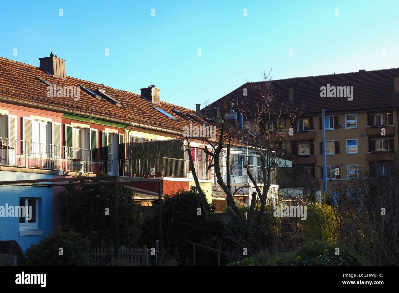 Zürich, Switzerland - December 18th 2022: Colourful historic Bernoulli houses Stock Photo