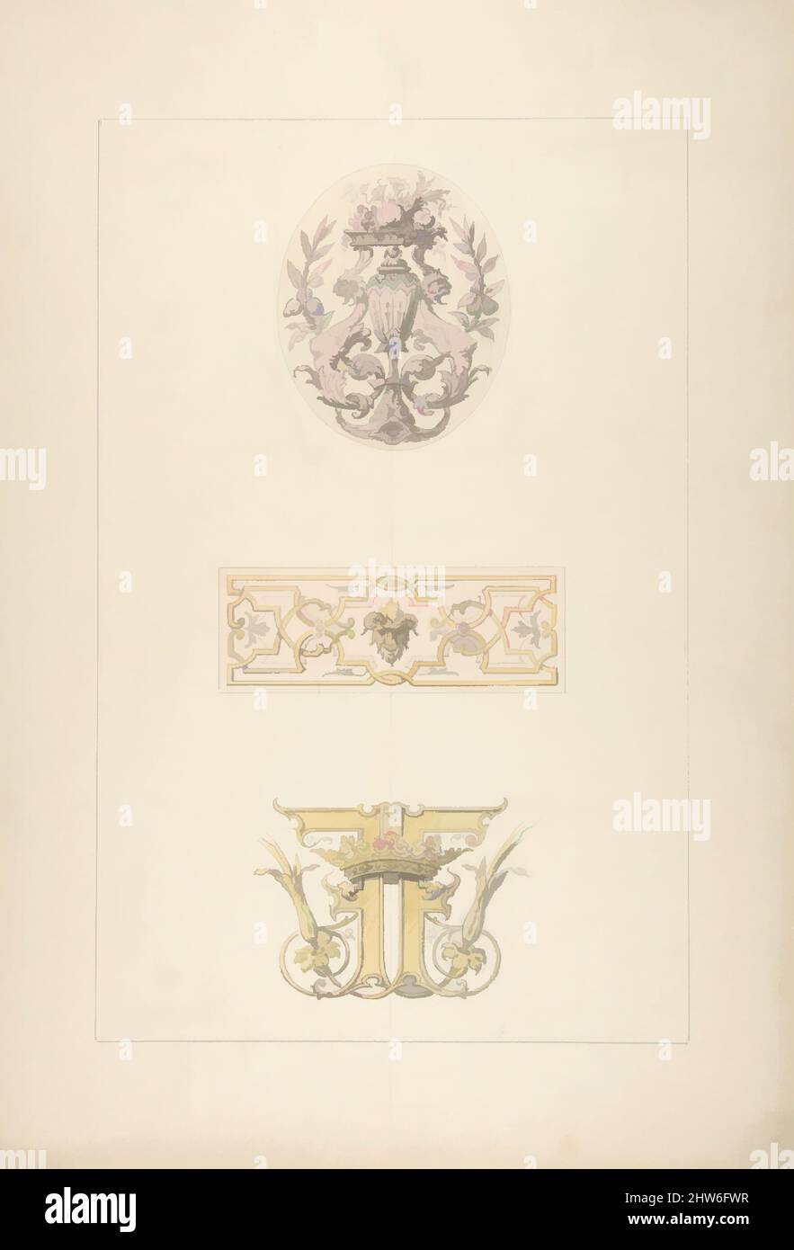 Art inspired by Two designs for decorative panels and one design for an ornamental monogram with a crown and the initials: FF, 1830–97, Watercolor and graphite, sheet: 19 1/2 x 13 3/8 in. (49.5 x 33.9 cm), Drawings, Jules-Edmond-Charles Lachaise (French, died 1897), Eugène-Pierre, Classic works modernized by Artotop with a splash of modernity. Shapes, color and value, eye-catching visual impact on art. Emotions through freedom of artworks in a contemporary way. A timeless message pursuing a wildly creative new direction. Artists turning to the digital medium and creating the Artotop NFT Stock Photo