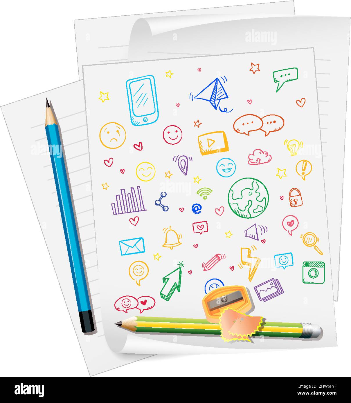 Hand drawn doodle icons on paper with pencils illustration Stock Vector ...