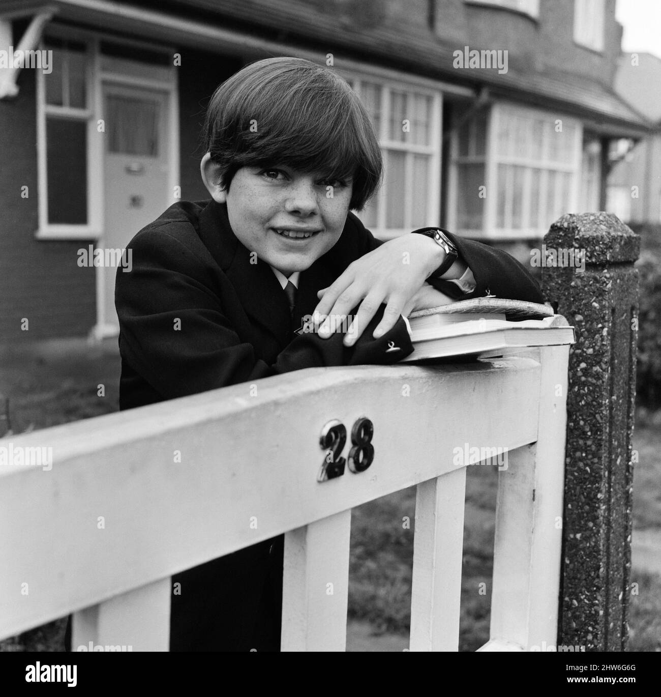 Child actor Jack Wild, who played the role of the Artful Dodger in the 1968 film 'Oliver!'. Pictured outside his home in Hounslow. 30th September 1968. Stock Photo
