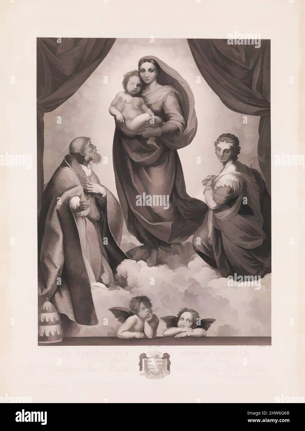 Art inspired by The Sistine Madonna, n.d., Etching and engraving; fourth state of seven, plate: 30 1/4 x 22 in. (76.8 x 55.9 cm), Prints, Johann Friedrich Wilhelm Müller (German, 1782–1816), After Raphael (Raffaello Sanzio or Santi) (Italian, Urbino 1483–1520 Rome, Classic works modernized by Artotop with a splash of modernity. Shapes, color and value, eye-catching visual impact on art. Emotions through freedom of artworks in a contemporary way. A timeless message pursuing a wildly creative new direction. Artists turning to the digital medium and creating the Artotop NFT Stock Photo