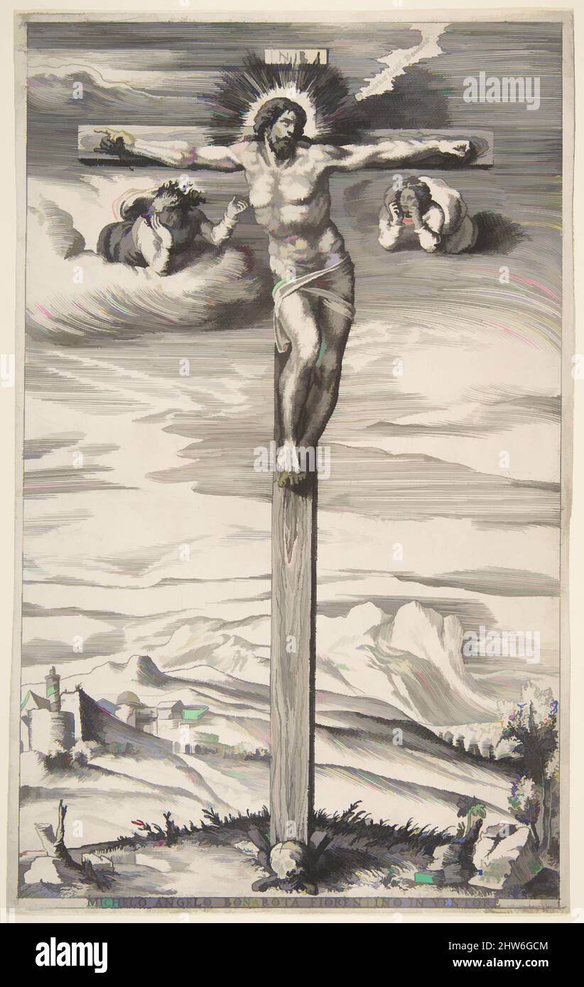 Art inspired by Crucifixion with Two Angels, ca. 1540, Engraving and etching, sheet: 12 1/16 x 7 11/16 in. (30.6 x 19.6 cm), Prints, Giulio Bonasone (Italian, active Rome and Bologna, 1531–after 1576), After Michelangelo Buonarroti (Italian, Caprese 1475–1564 Rome, Classic works modernized by Artotop with a splash of modernity. Shapes, color and value, eye-catching visual impact on art. Emotions through freedom of artworks in a contemporary way. A timeless message pursuing a wildly creative new direction. Artists turning to the digital medium and creating the Artotop NFT Stock Photo