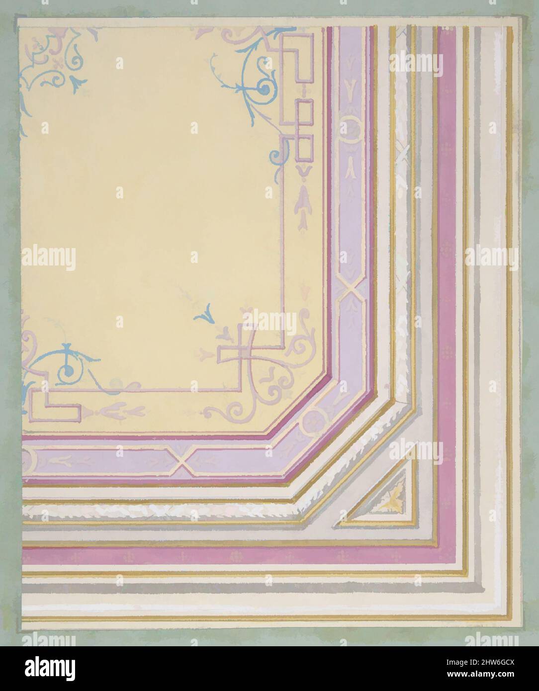 Art inspired by Partial design for the painted decoration of a ceiling, 1830–97, wash, watercolor, gouache, and gold paint over graphite on wove paper; mounted on blue wove paper, Overall: 10 5/8 x 8 1/4 in. (27 x 21 cm), Drawings, Jules-Edmond-Charles Lachaise (French, died 1897, Classic works modernized by Artotop with a splash of modernity. Shapes, color and value, eye-catching visual impact on art. Emotions through freedom of artworks in a contemporary way. A timeless message pursuing a wildly creative new direction. Artists turning to the digital medium and creating the Artotop NFT Stock Photo