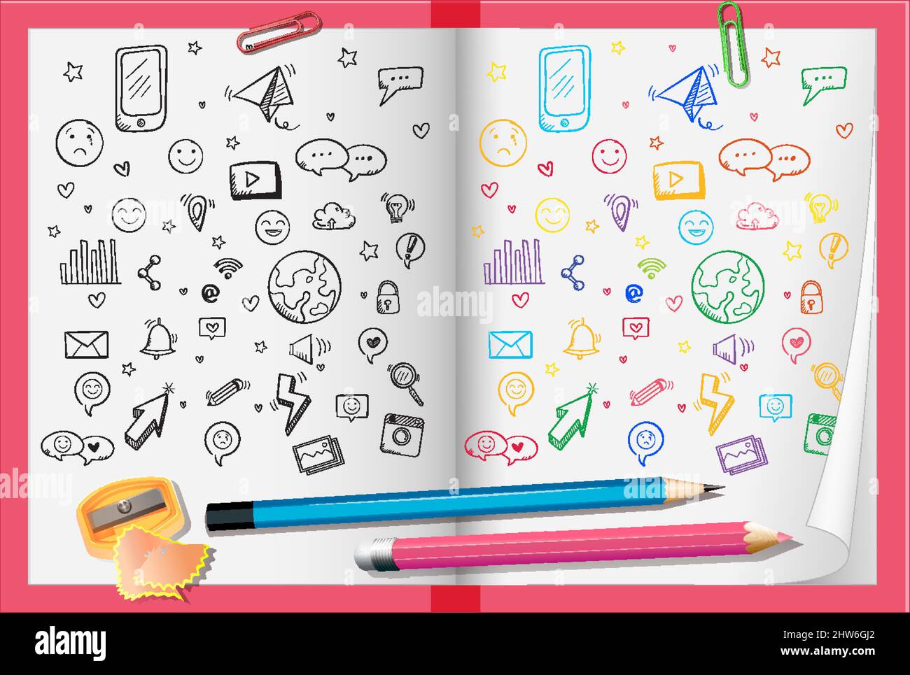 Hand drawn doodle icons on paper with pencils illustration Stock Vector ...