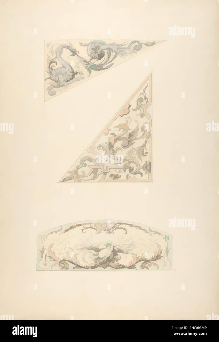 Art inspired by Three designs for painted decorative motifs featuring griffins and scrollwork, 1830–97, pen and ink, wash and watercolor over graphite on wove paper, Overall: 19 3/8 x 13 3/8 in. (49.2 x 34 cm), Drawings, Jules-Edmond-Charles Lachaise (French, died 1897), Eugène-Pierre, Classic works modernized by Artotop with a splash of modernity. Shapes, color and value, eye-catching visual impact on art. Emotions through freedom of artworks in a contemporary way. A timeless message pursuing a wildly creative new direction. Artists turning to the digital medium and creating the Artotop NFT Stock Photo