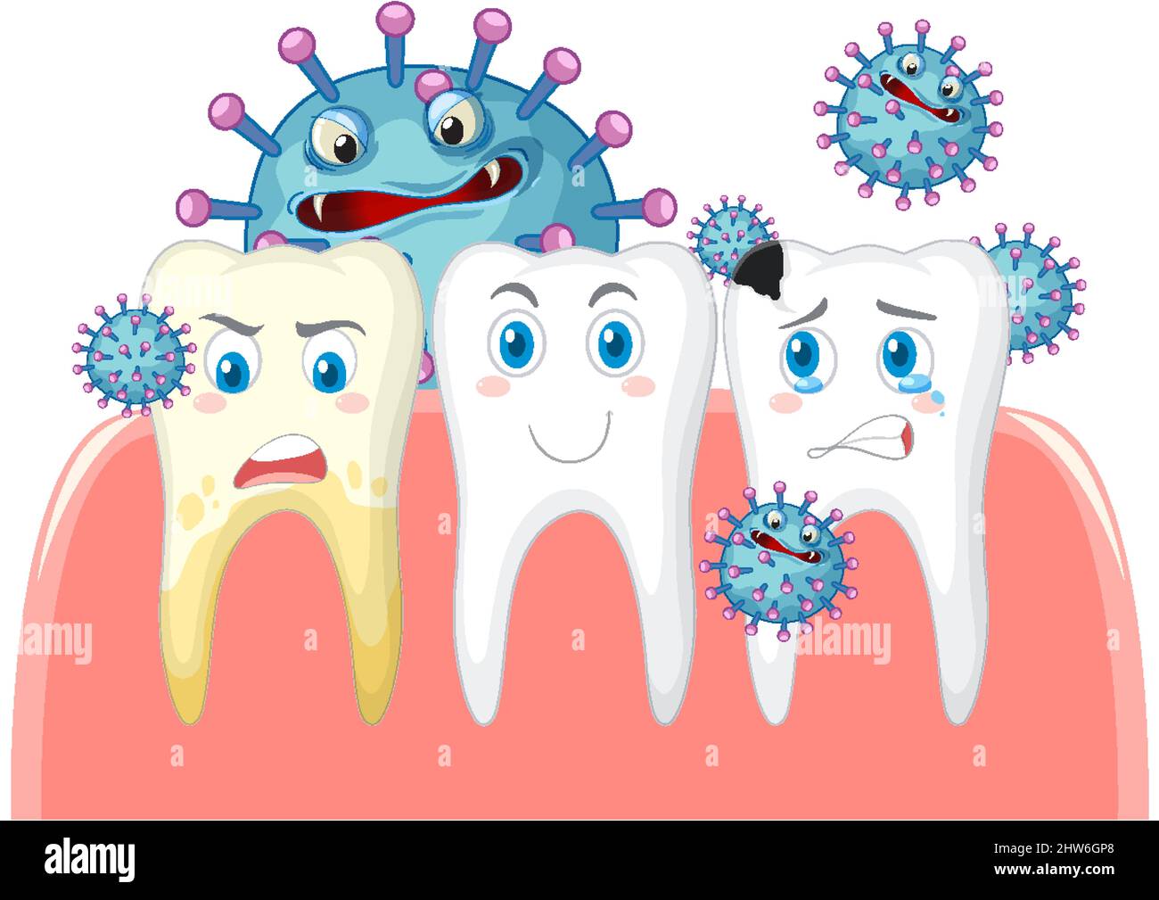 Dental and different teeth condition with bacteria on white background ...