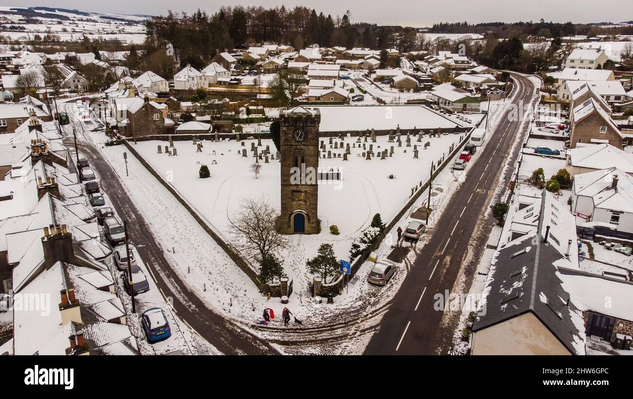 Braco in Perth and Kinross is a white out as seen in aerial views as parts of Scotland are under a yellow Met weather warning for snow due to the named Storm Eunice in the Scottish Highlands  Credit: Euan Cherry Stock Photo