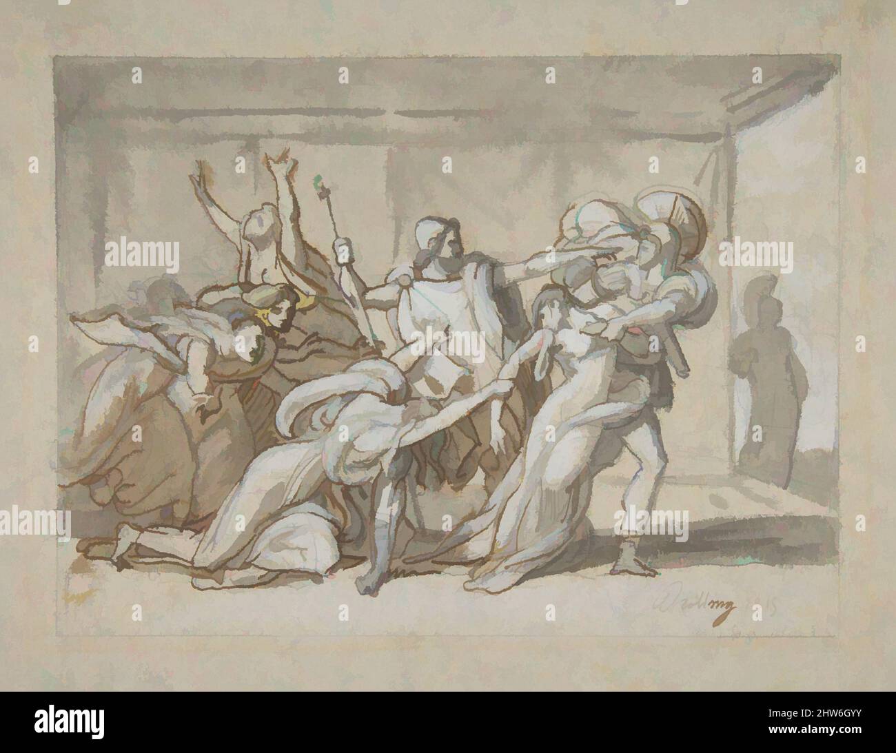 Art inspired by Scene from the Iliad, 1815, Pen and brown ink, brush and gray wash, heightened with white gouache over graphite underdrawing, sheet: 8 1/16 x 10 7/16 in. (20.5 x 26.5 cm), Drawings, Michael Martin Drölling (French, Paris 1786–1851 Paris, Classic works modernized by Artotop with a splash of modernity. Shapes, color and value, eye-catching visual impact on art. Emotions through freedom of artworks in a contemporary way. A timeless message pursuing a wildly creative new direction. Artists turning to the digital medium and creating the Artotop NFT Stock Photo