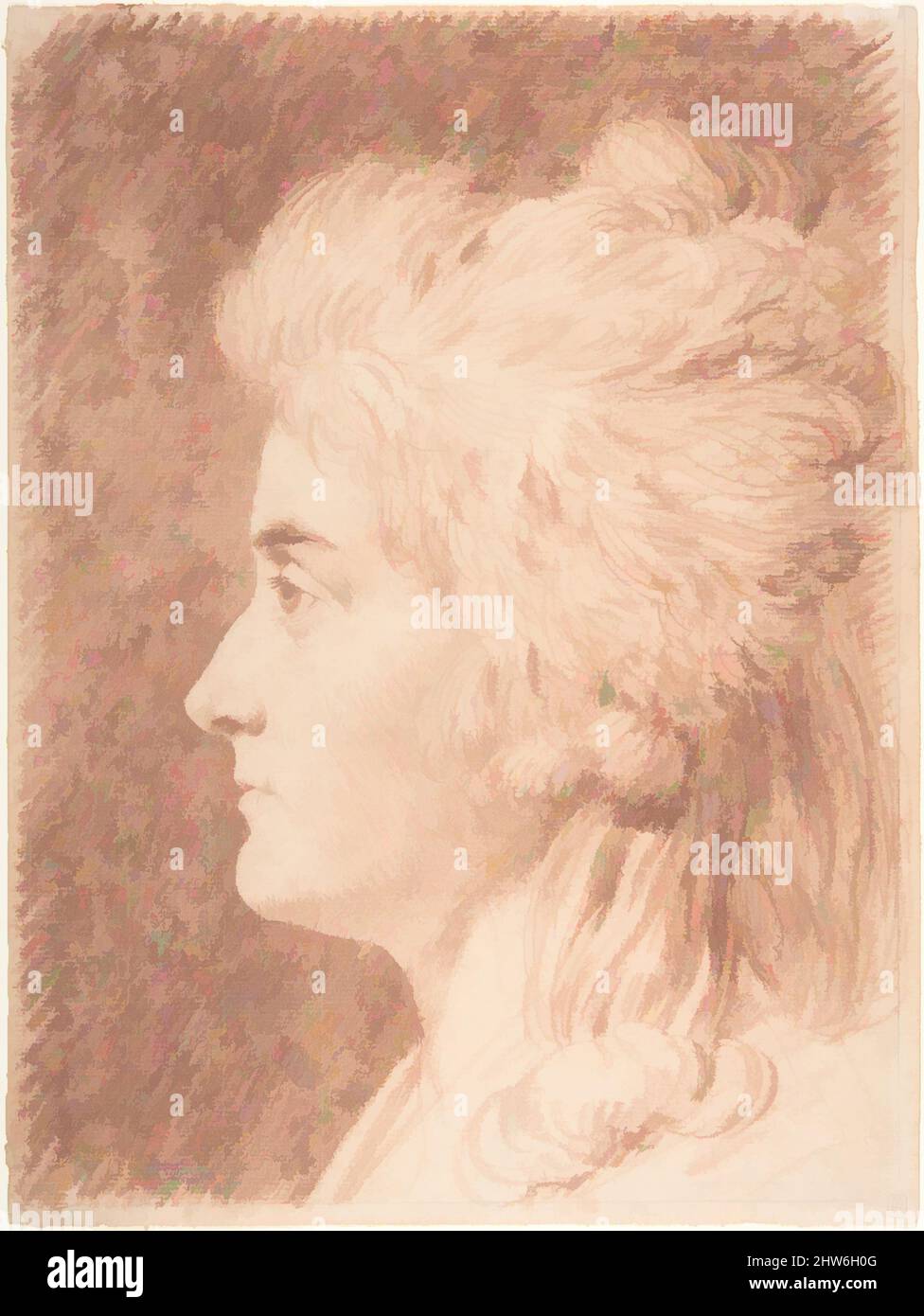 Art inspired by Profile Portrait of Miss Wieling, late 18th–19th century, Red chalk, over a sketch in black chalk. Framing line in black chalk., sheet: 14 x 10 7/16 in. (35.5 x 26.5 cm), Drawings, Johann Heinrich Wilhelm Tischbein (German, Haina 1751–1829 Eutin, Classic works modernized by Artotop with a splash of modernity. Shapes, color and value, eye-catching visual impact on art. Emotions through freedom of artworks in a contemporary way. A timeless message pursuing a wildly creative new direction. Artists turning to the digital medium and creating the Artotop NFT Stock Photo