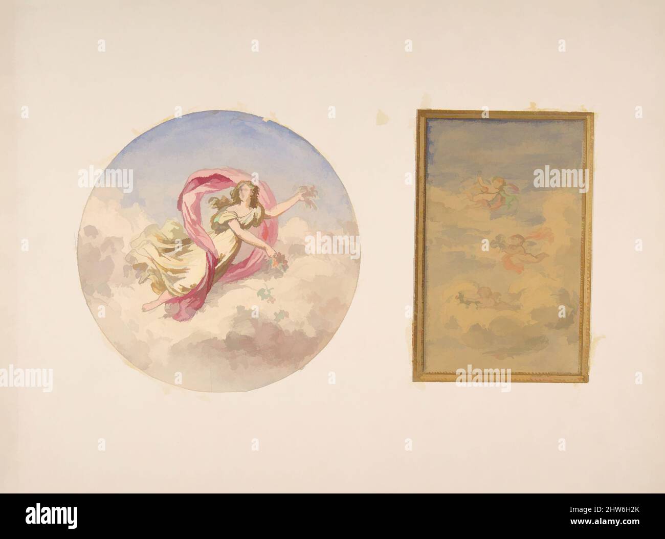 Art inspired by Two designs for the decoration of ceilings with figures in clouds, 1830–97, graphite, watercolor, and gold paint on wove papers mounted on cardboard, Drawings, Jules-Edmond-Charles Lachaise (French, died 1897), Eugène-Pierre Gourdet (French, born Paris, 1820, Classic works modernized by Artotop with a splash of modernity. Shapes, color and value, eye-catching visual impact on art. Emotions through freedom of artworks in a contemporary way. A timeless message pursuing a wildly creative new direction. Artists turning to the digital medium and creating the Artotop NFT Stock Photo