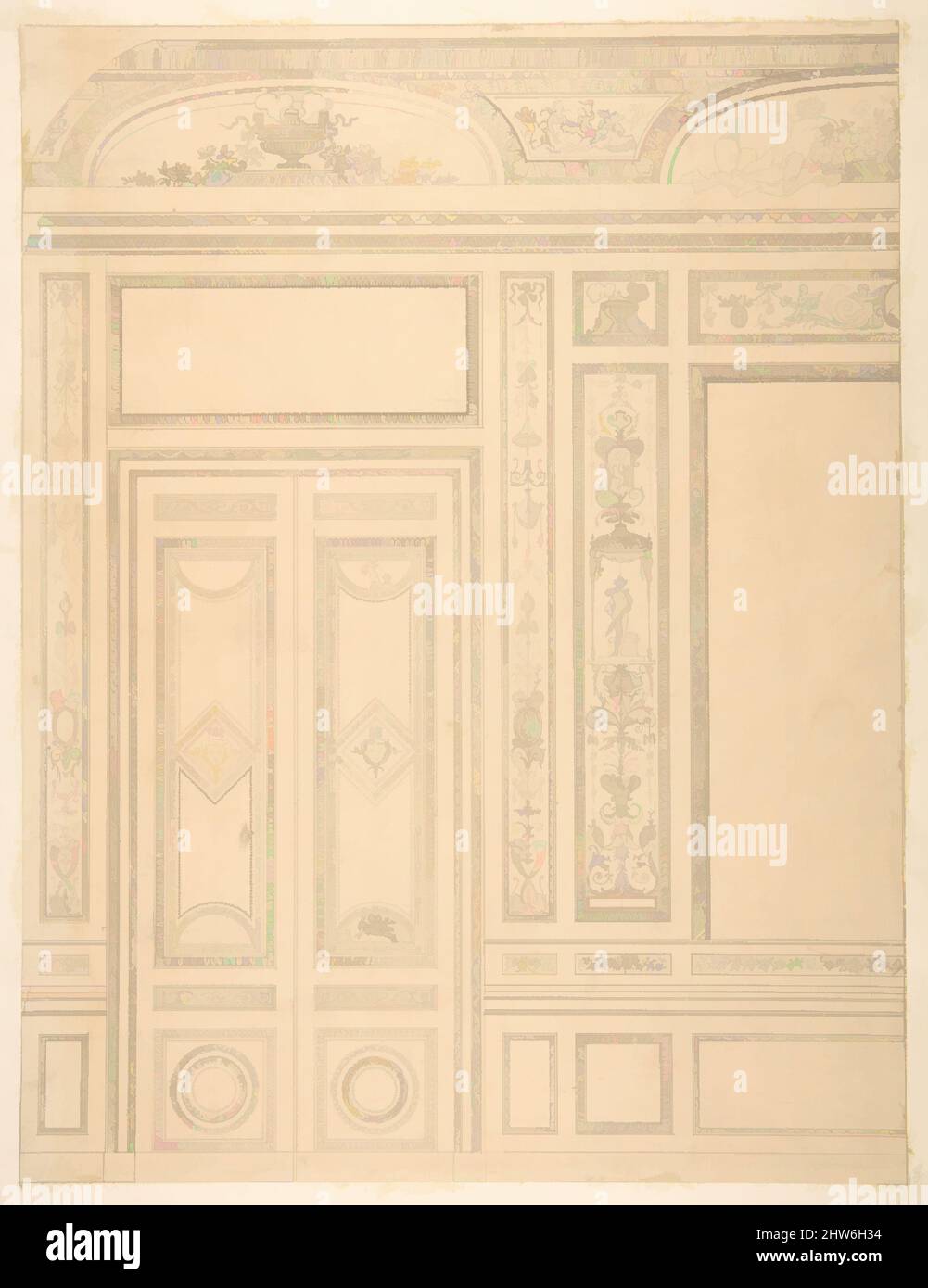 Art inspired by Elevation of an interior showing a paneled wall and double doors decorated in rococco sty.e, 1830–97, graphite on wove paper; inlaid in wove paper, Drawings, Jules-Edmond-Charles Lachaise (French, died 1897), Eugène-Pierre Gourdet (French, born Paris, 1820, Classic works modernized by Artotop with a splash of modernity. Shapes, color and value, eye-catching visual impact on art. Emotions through freedom of artworks in a contemporary way. A timeless message pursuing a wildly creative new direction. Artists turning to the digital medium and creating the Artotop NFT Stock Photo