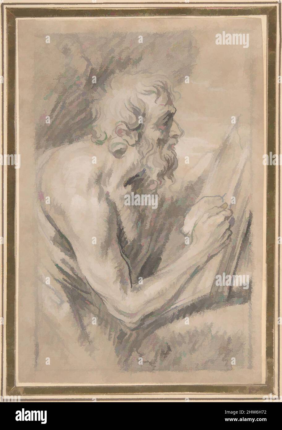 Art inspired by Penitent Saint Jerome, 17th century, Black chalk, heightened with white chalk, sheet: 5 13/16 x 3 7/8 in. (14.7 x 9.9 cm), Drawings, Lucas Franchoys the Younger (Flemish, Mechelen 1616–1681 Mechelen, Classic works modernized by Artotop with a splash of modernity. Shapes, color and value, eye-catching visual impact on art. Emotions through freedom of artworks in a contemporary way. A timeless message pursuing a wildly creative new direction. Artists turning to the digital medium and creating the Artotop NFT Stock Photo