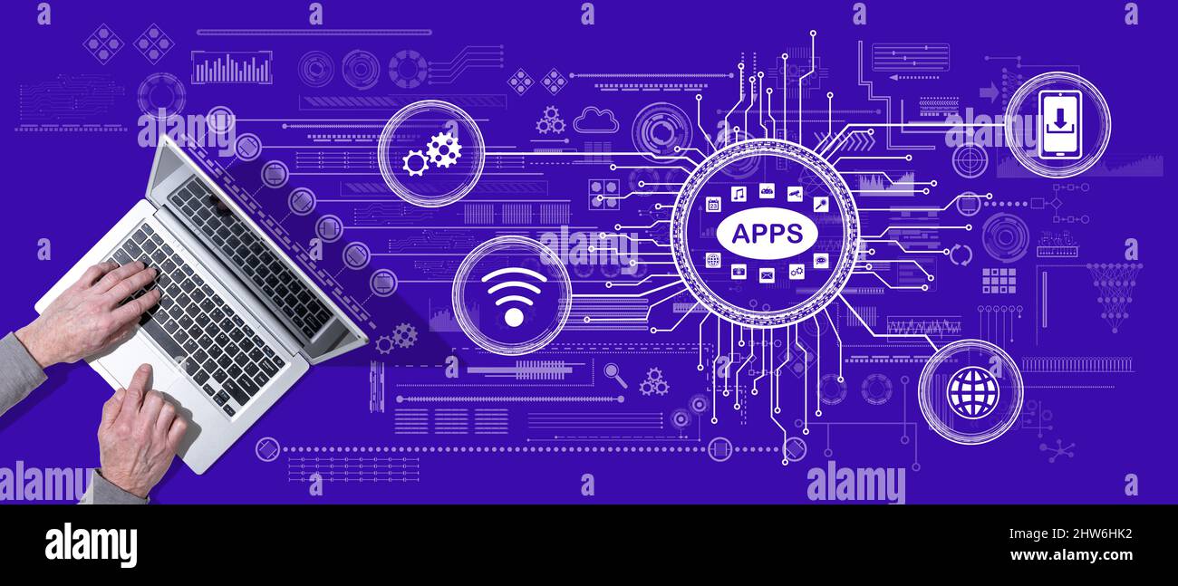 Top view of hands using laptop with symbol of apps concept Stock Photo ...