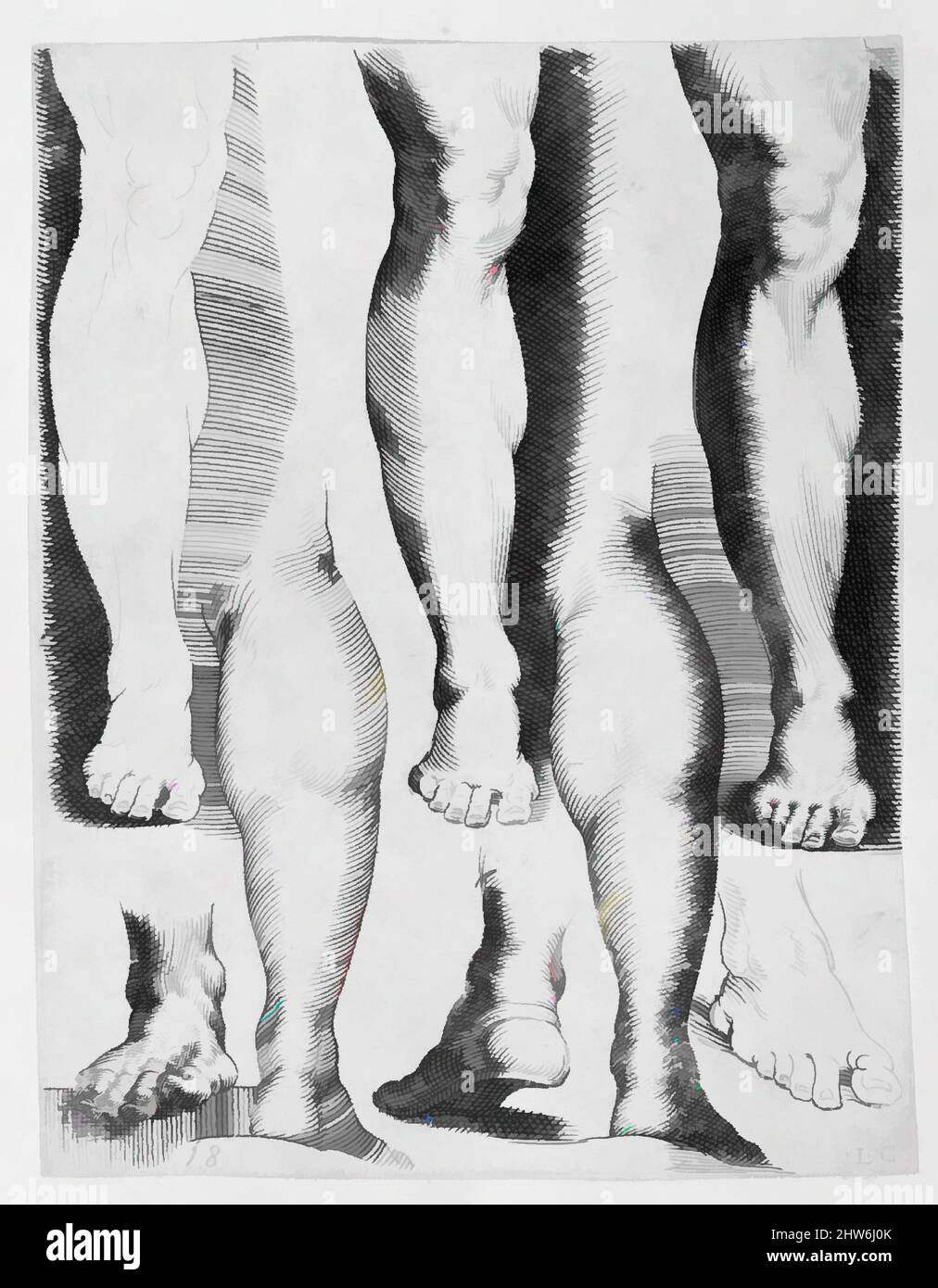 Art inspired by Five Legs and Three Feet, 17th century, Engraving, sheet: 6 1/16 x 4 11/16 in. (15.4 x 11.9 cm), Prints, Luca Ciamberlano (Italian, active Rome, 1599–1641), After Agostino Carracci (Italian, Bologna 1557–1602 Parma, Classic works modernized by Artotop with a splash of modernity. Shapes, color and value, eye-catching visual impact on art. Emotions through freedom of artworks in a contemporary way. A timeless message pursuing a wildly creative new direction. Artists turning to the digital medium and creating the Artotop NFT Stock Photo