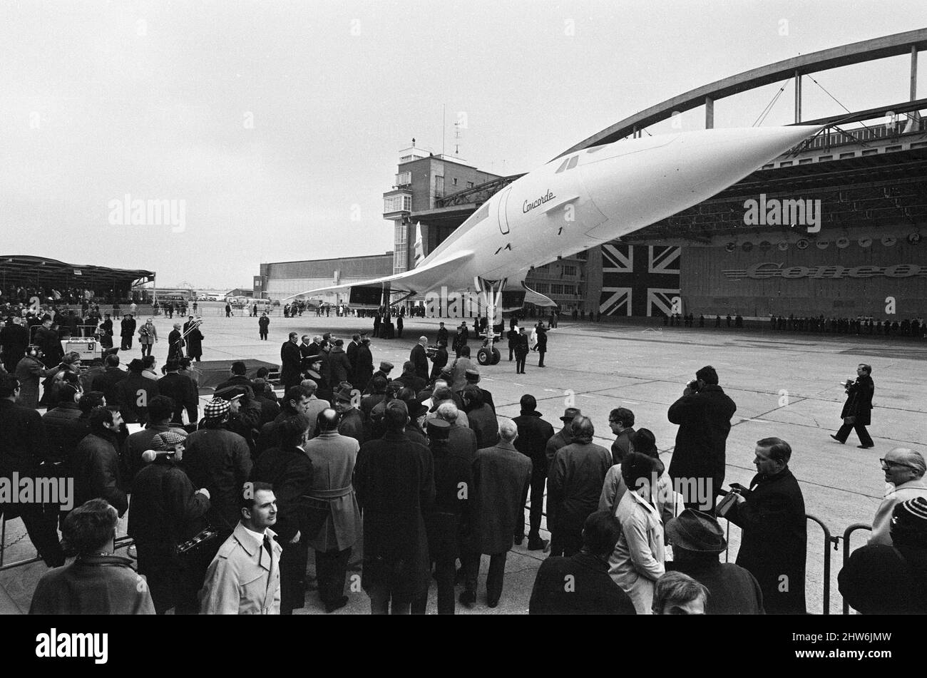 Concorde, prototype 001 makes its first official public appearance as it is unveiled from its Sud Aviation's hanger in Toulouse, France, Monday 11th December 1967. Stock Photo