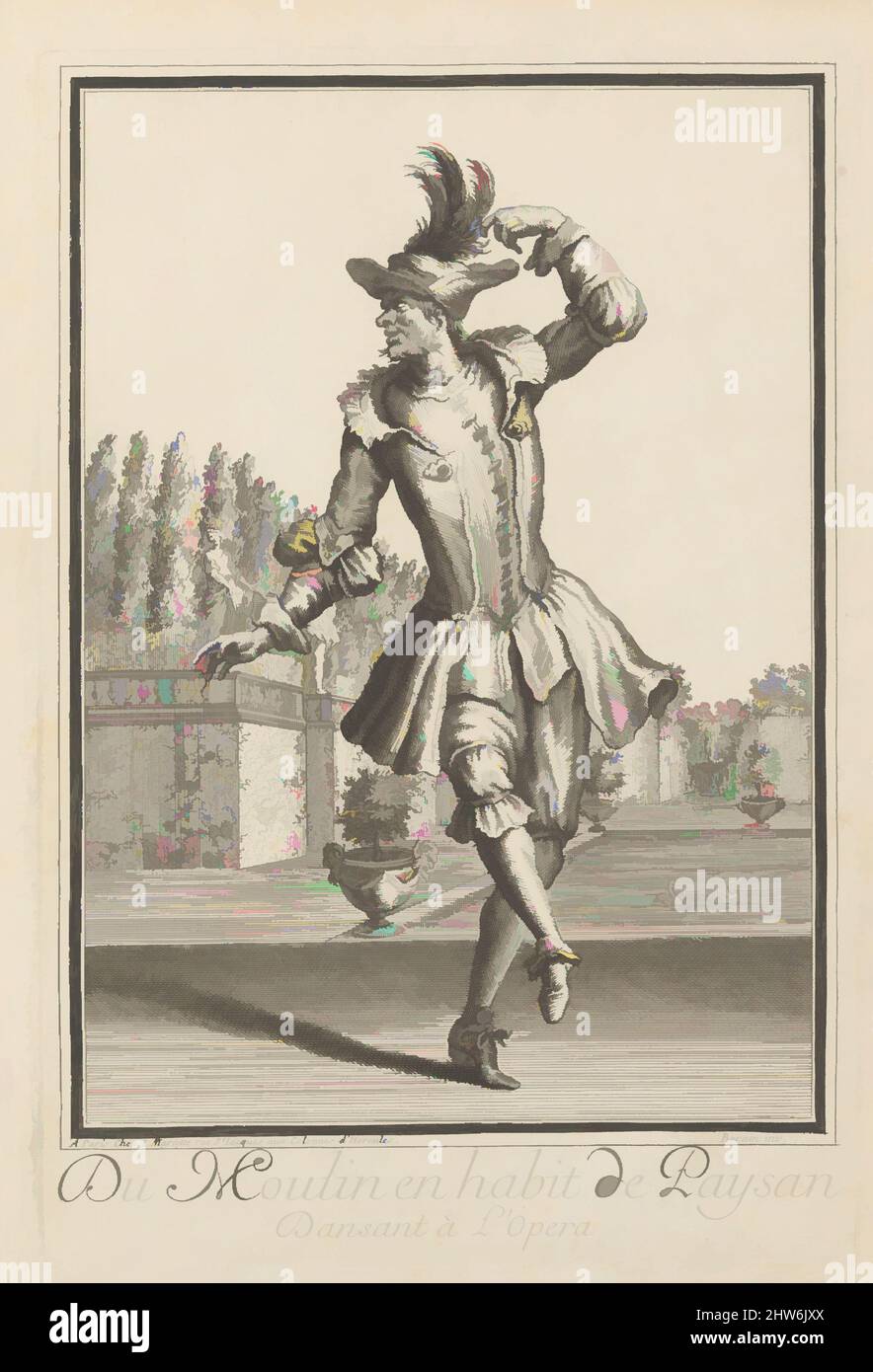 Art inspired by Du Moulin in Peasant Garb Dancing at the Opera, n.d., Etching and engraving, Plate: 11 15/16 × 7 15/16 in. (30.3 × 20.2 cm), Jean Berain (French, Saint-Mihiel 1640–1711 Paris), Etching and engraving with a design for a costume for Henri Du Moulin, one of four brothers, Classic works modernized by Artotop with a splash of modernity. Shapes, color and value, eye-catching visual impact on art. Emotions through freedom of artworks in a contemporary way. A timeless message pursuing a wildly creative new direction. Artists turning to the digital medium and creating the Artotop NFT Stock Photo