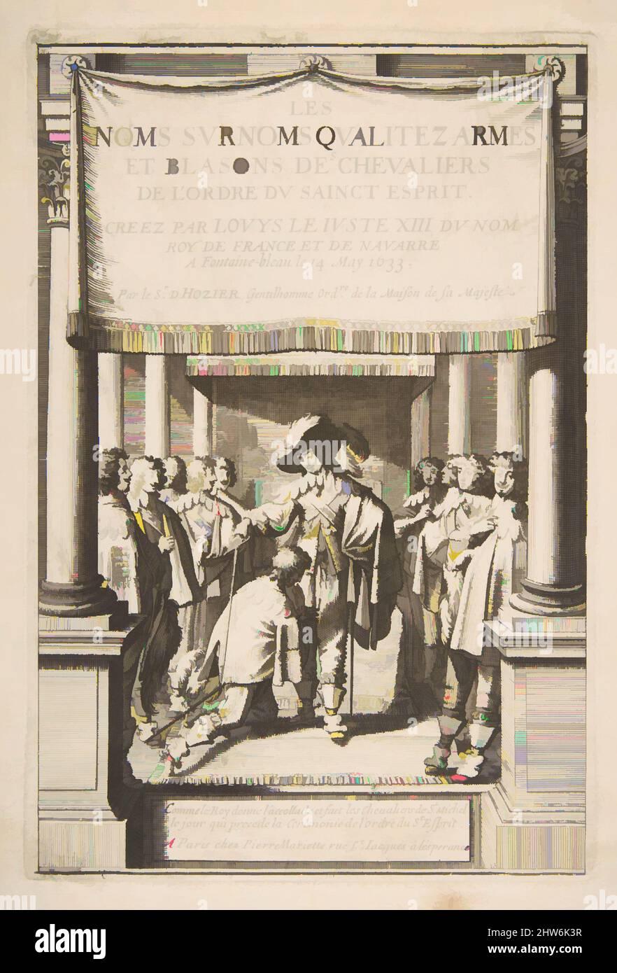 Art inspired by Frontispiece to Pierre d'Hozier's 'Les noms surnoms qualitez armes et blasons des chevaliers de l'Ordre du Sainct Esprit' with Louis XIII dubbing a nobleman kneeling before him, in the presence of several other noblemen, 1634, Etching, Sheet: 10 1/2 × 7 3/16 in. (26.6, Classic works modernized by Artotop with a splash of modernity. Shapes, color and value, eye-catching visual impact on art. Emotions through freedom of artworks in a contemporary way. A timeless message pursuing a wildly creative new direction. Artists turning to the digital medium and creating the Artotop NFT Stock Photo