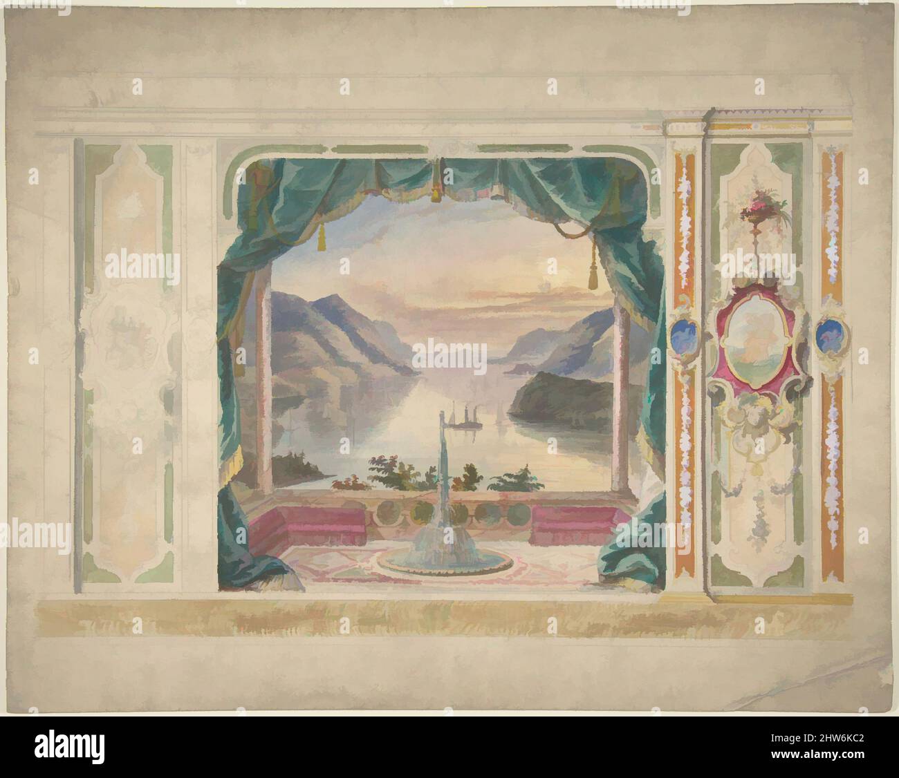 Art inspired by Wall Design with a Trompe l'Oeil Balcony Overlooking a Mountainous Harbor, 19th century, Ink and watercolor, Anonymous, British, 19th century, Classic works modernized by Artotop with a splash of modernity. Shapes, color and value, eye-catching visual impact on art. Emotions through freedom of artworks in a contemporary way. A timeless message pursuing a wildly creative new direction. Artists turning to the digital medium and creating the Artotop NFT Stock Photo