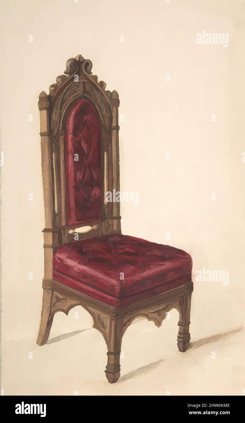 Art inspired by Gothic Style Chair with Dark Wood Frame and Maroon Upholstery, 19th century, Watercolor, sheet: 9 1/2 x 5 1/2 in. (24.1 x 14 cm), Anonymous, British, 19th century, Classic works modernized by Artotop with a splash of modernity. Shapes, color and value, eye-catching visual impact on art. Emotions through freedom of artworks in a contemporary way. A timeless message pursuing a wildly creative new direction. Artists turning to the digital medium and creating the Artotop NFT Stock Photo