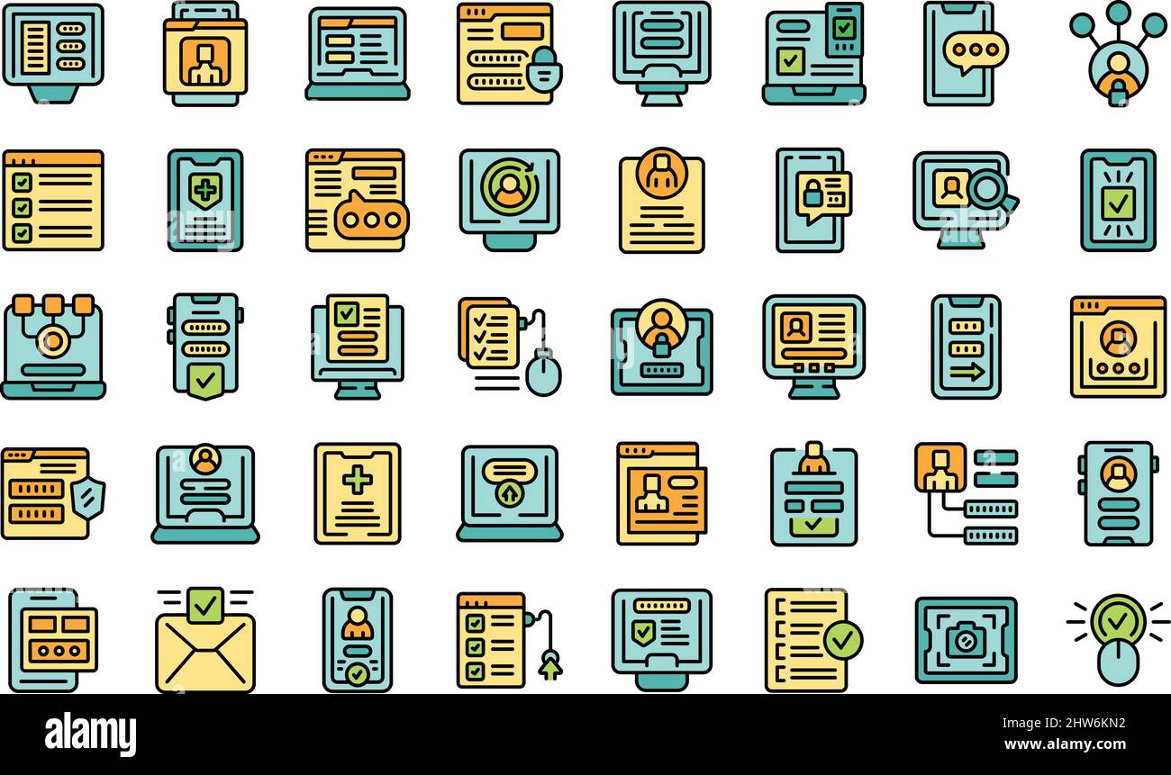 Online registration icons set outline vector. Device apply. Electronic ...