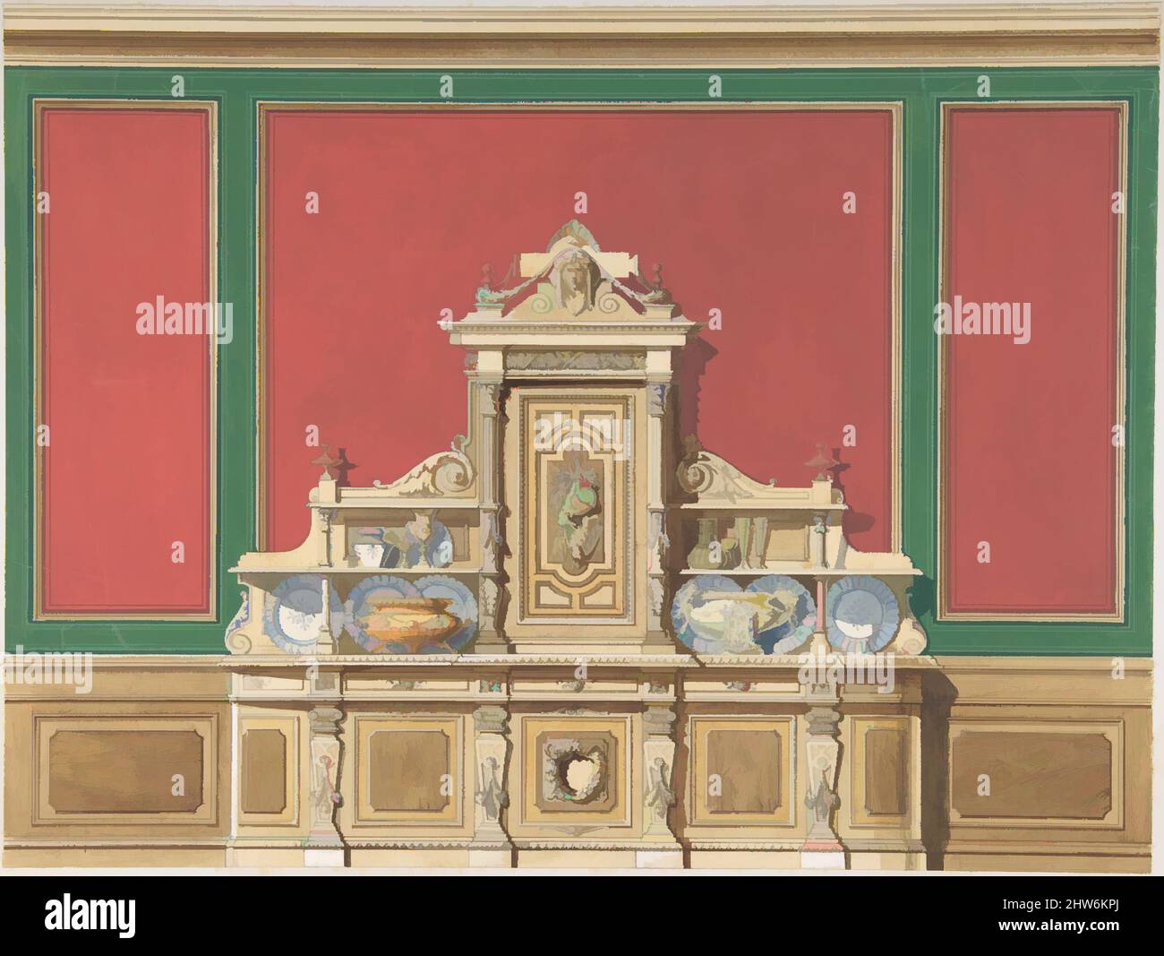 Art inspired by Interior Design for Large Display Cabinet against Red and Green Panelling, late 19th century (?), Gouache, sheet: 10 1/8 x 112 in. (25.7 x 284.5 cm), Anonymous, British, 19th century, Classic works modernized by Artotop with a splash of modernity. Shapes, color and value, eye-catching visual impact on art. Emotions through freedom of artworks in a contemporary way. A timeless message pursuing a wildly creative new direction. Artists turning to the digital medium and creating the Artotop NFT Stock Photo