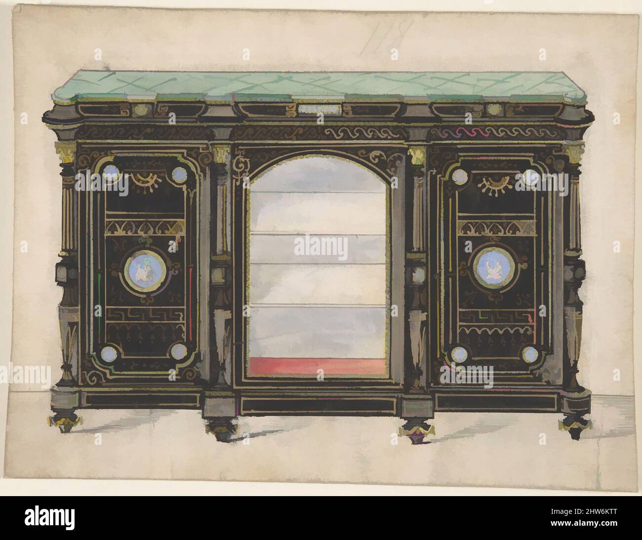 Art inspired by Cabinet Design with Glass Front, its Doors Adorned with Porcelain Plaques, with a Green Top, 19th century, Ink and watercolor, sheet: 5 5/16 x 6 15/16 in. (13.5 x 17.7 cm), Anonymous, British, 19th century, Classic works modernized by Artotop with a splash of modernity. Shapes, color and value, eye-catching visual impact on art. Emotions through freedom of artworks in a contemporary way. A timeless message pursuing a wildly creative new direction. Artists turning to the digital medium and creating the Artotop NFT Stock Photo