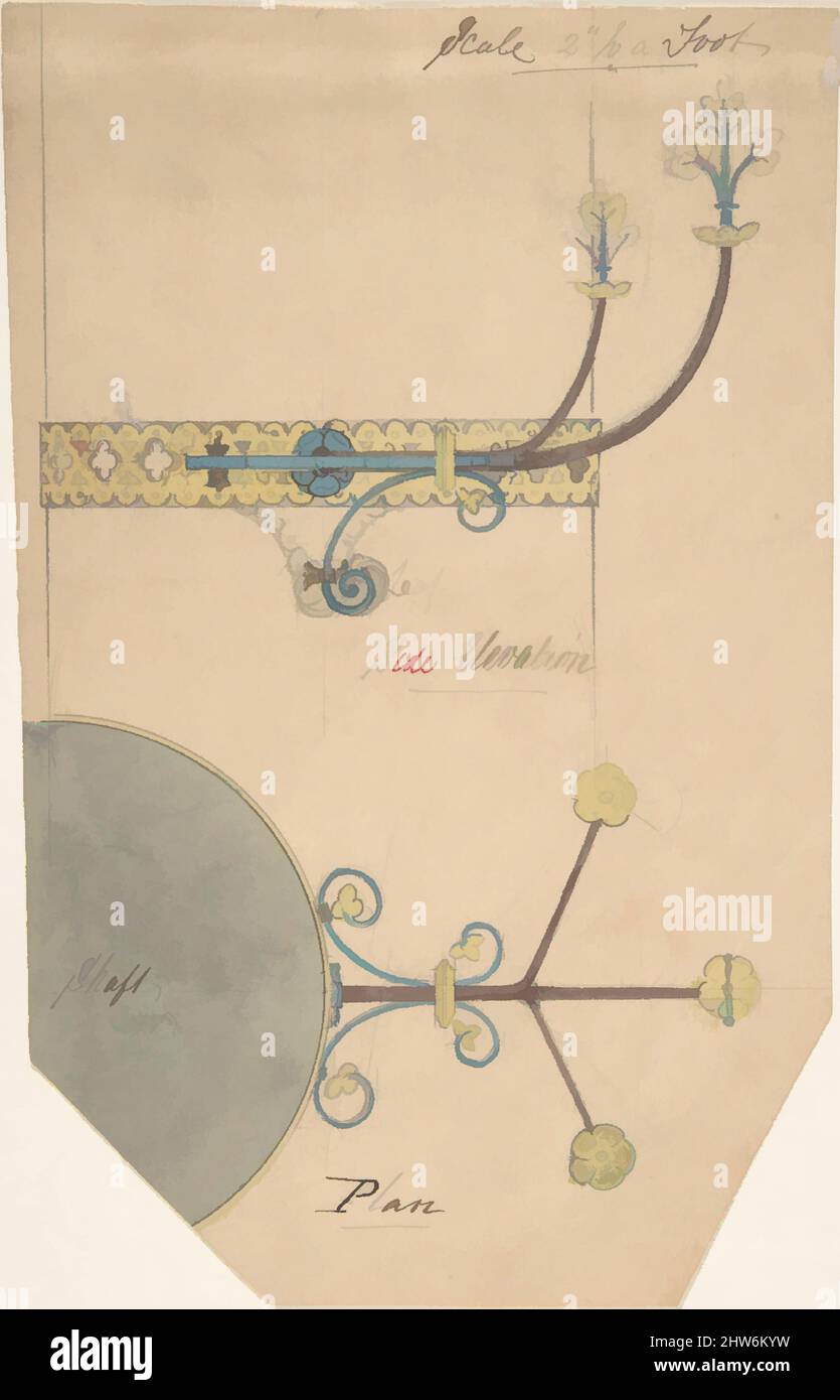 Art inspired by Design for Floral Brackets for a Church, ca. 1880, Pen and ink, wash and watercolor, sheet: 7 7/8 x 5 in. (20 x 12.7 cm), Attributed to Richardson Ellson & Co. (British, Classic works modernized by Artotop with a splash of modernity. Shapes, color and value, eye-catching visual impact on art. Emotions through freedom of artworks in a contemporary way. A timeless message pursuing a wildly creative new direction. Artists turning to the digital medium and creating the Artotop NFT Stock Photo