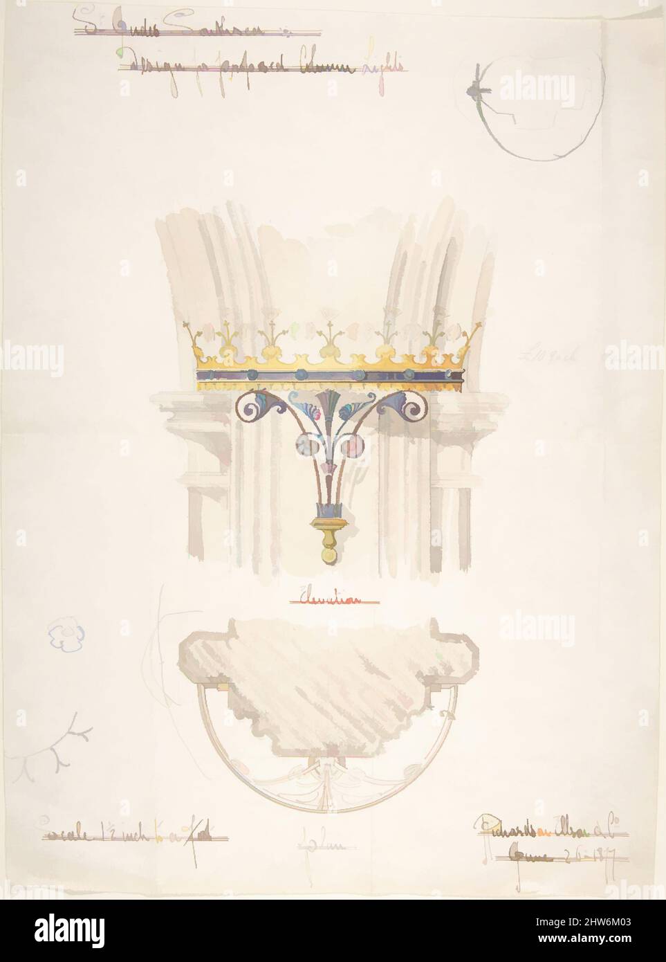 Art inspired by Design for Proposed Column Lights, St. Jude's Church, Southsea, 1877, Pen and ink, wash and watercolor, sheet: 13 5/16 x 9 15/16 in. (33.8 x 25.3 cm), Richardson Ellson & Co. (British, Classic works modernized by Artotop with a splash of modernity. Shapes, color and value, eye-catching visual impact on art. Emotions through freedom of artworks in a contemporary way. A timeless message pursuing a wildly creative new direction. Artists turning to the digital medium and creating the Artotop NFT Stock Photo