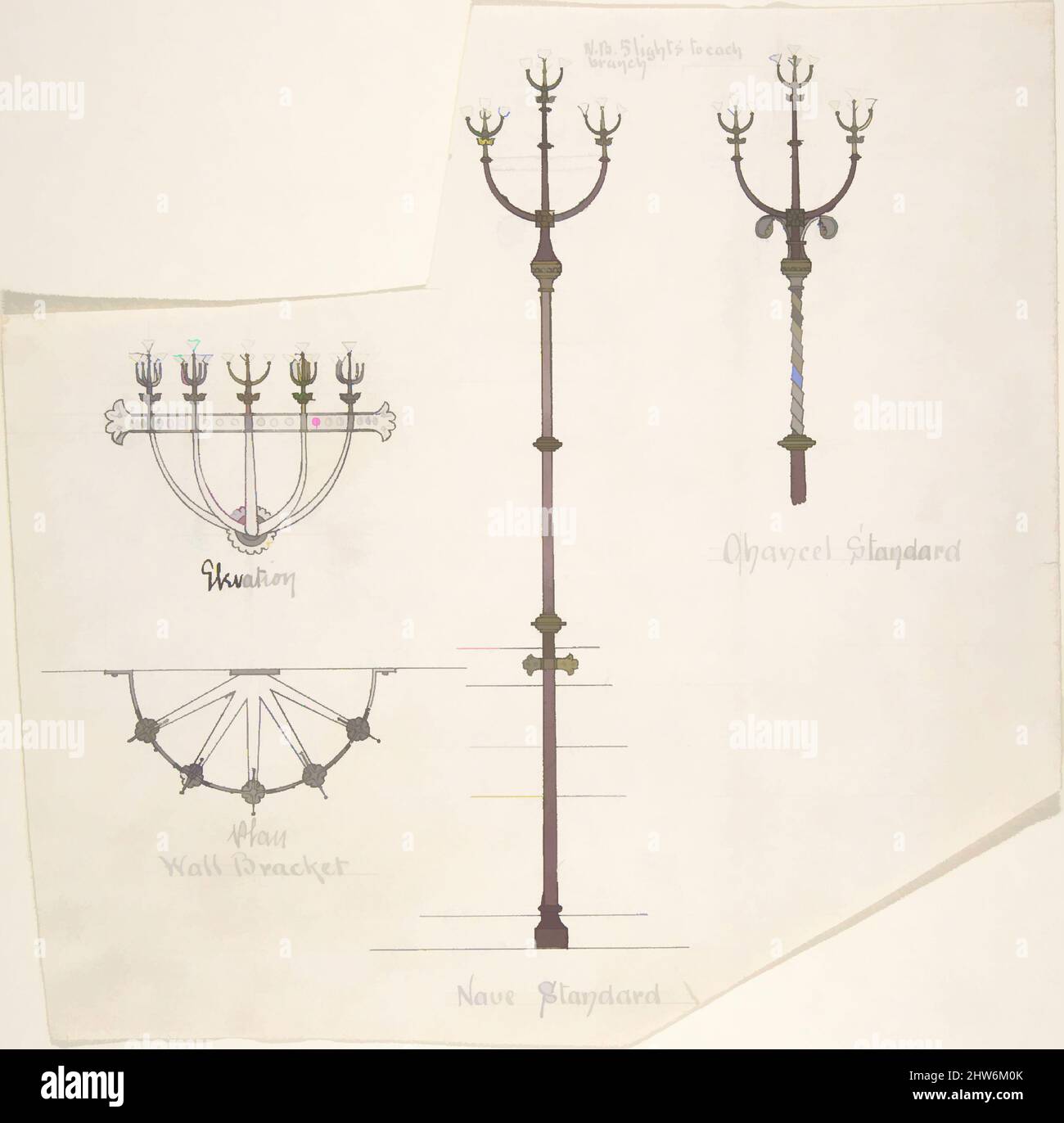 Art inspired by Designs for Church Lights: Wall Bracket, Nave Standard, Chancel Standard, ca. 1880, Pen and ink, wash and watercolor, irreg. sheet: 9 1/4 x 9 3/16 in. (23.5 x 23.4 cm), Richardson Ellson & Co. (British, Classic works modernized by Artotop with a splash of modernity. Shapes, color and value, eye-catching visual impact on art. Emotions through freedom of artworks in a contemporary way. A timeless message pursuing a wildly creative new direction. Artists turning to the digital medium and creating the Artotop NFT Stock Photo