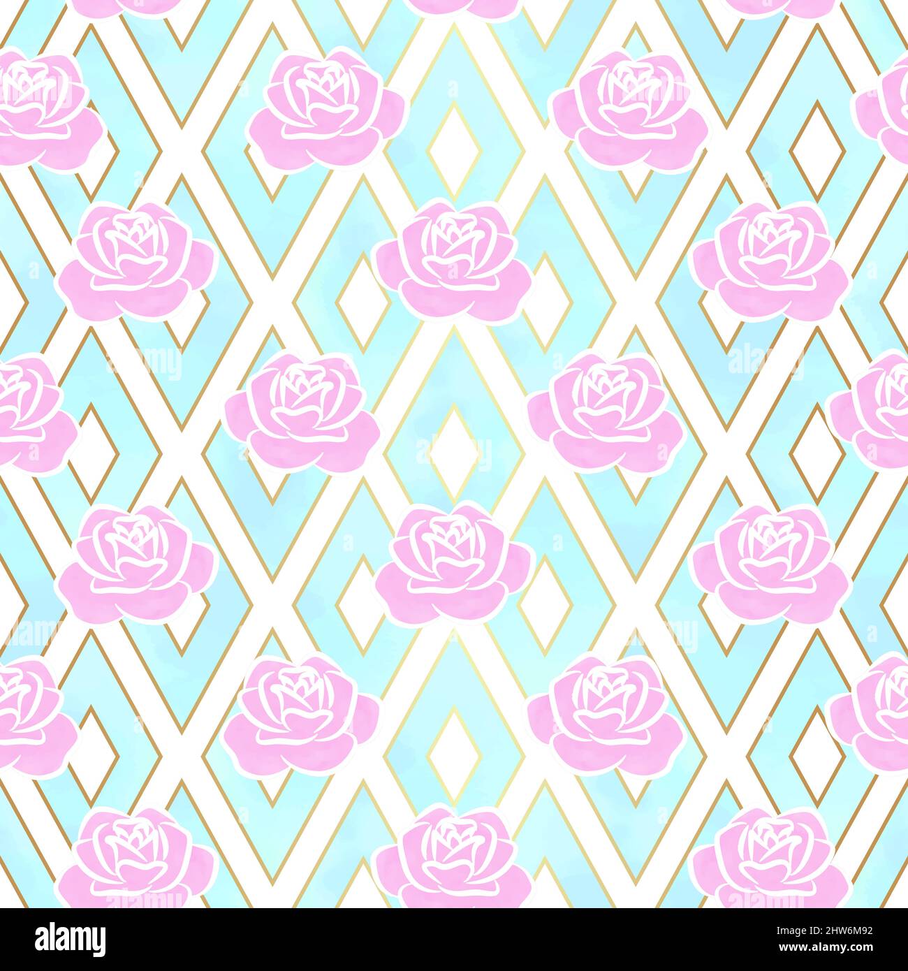 Turquoise Geometric Pink Rose Flower Seamless Pattern Background Stock Vector