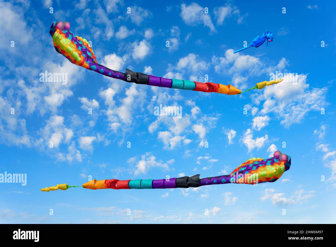 Giant kites flying over Tagus River, Portugal Stock Photo