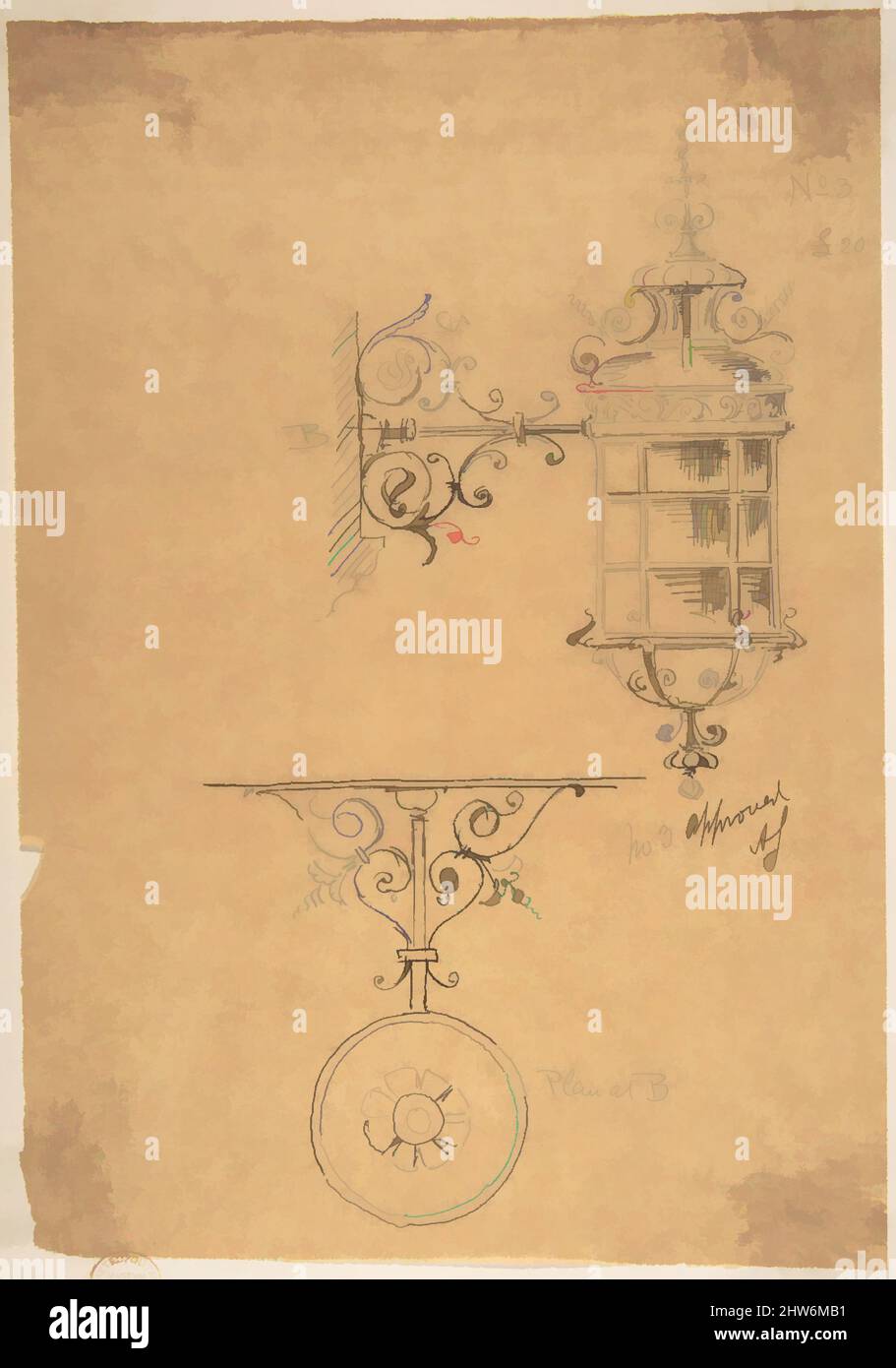 Art inspired by Wall-mounted Lamp Design, ca. 1885, Ink on tracing paper, sheet: 9 15/16 x 7 in. (25.3 x 17.8 cm), Attributed to Richardson Ellson & Co. (British, Classic works modernized by Artotop with a splash of modernity. Shapes, color and value, eye-catching visual impact on art. Emotions through freedom of artworks in a contemporary way. A timeless message pursuing a wildly creative new direction. Artists turning to the digital medium and creating the Artotop NFT Stock Photo