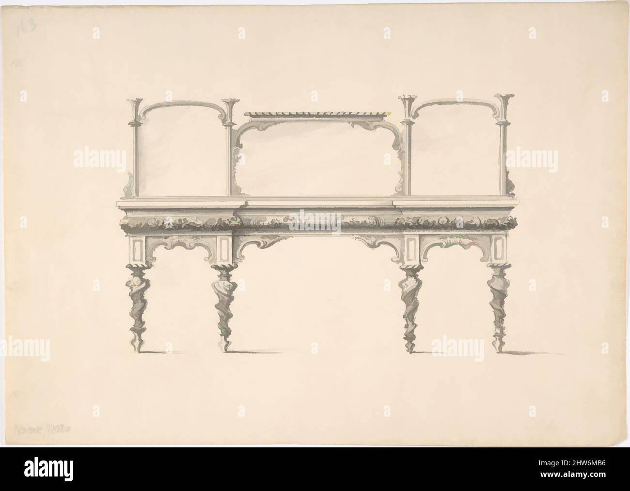 Art inspired by Design for a Sideboard with Mirrors and Turned Legs, early 19th century, Ink and wash, sheet: 8 3/4 x 12 3/16 in. (22.2 x 31 cm), Anonymous, British, 19th century, Classic works modernized by Artotop with a splash of modernity. Shapes, color and value, eye-catching visual impact on art. Emotions through freedom of artworks in a contemporary way. A timeless message pursuing a wildly creative new direction. Artists turning to the digital medium and creating the Artotop NFT Stock Photo