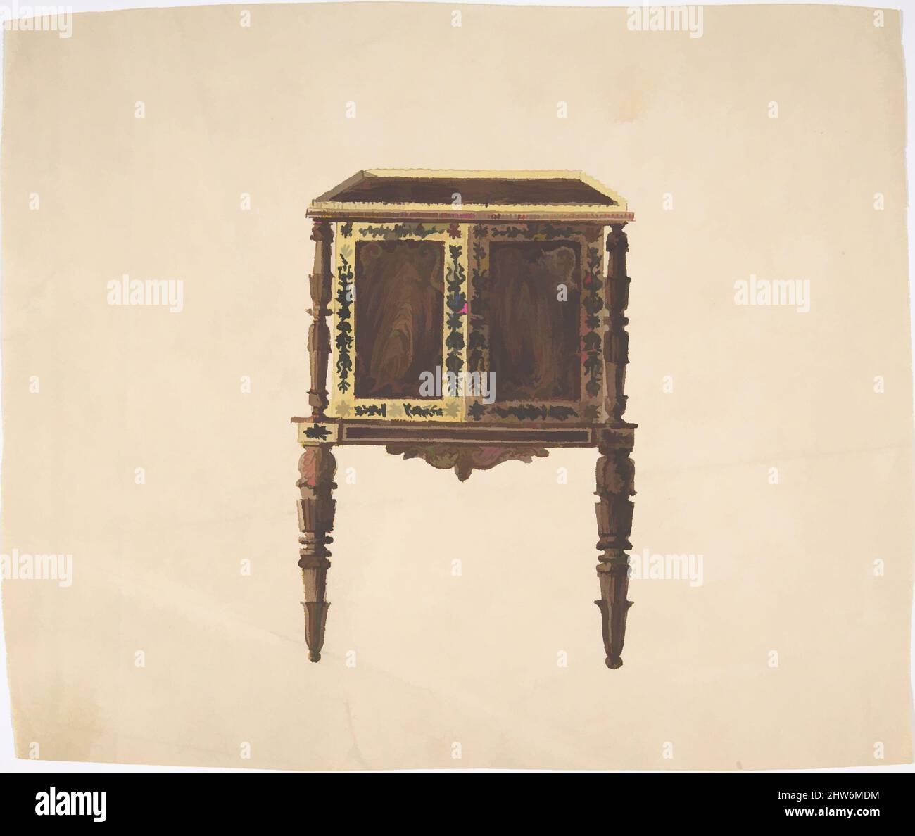 Art inspired by Design for a Small Cabinet with Elaborately Carved Legs, early 19th century, Ink and watercolor, sheet: 6 9/16 x 7 13/16 in. (16.7 x 19.9 cm), Anonymous, British, 19th century, Classic works modernized by Artotop with a splash of modernity. Shapes, color and value, eye-catching visual impact on art. Emotions through freedom of artworks in a contemporary way. A timeless message pursuing a wildly creative new direction. Artists turning to the digital medium and creating the Artotop NFT Stock Photo